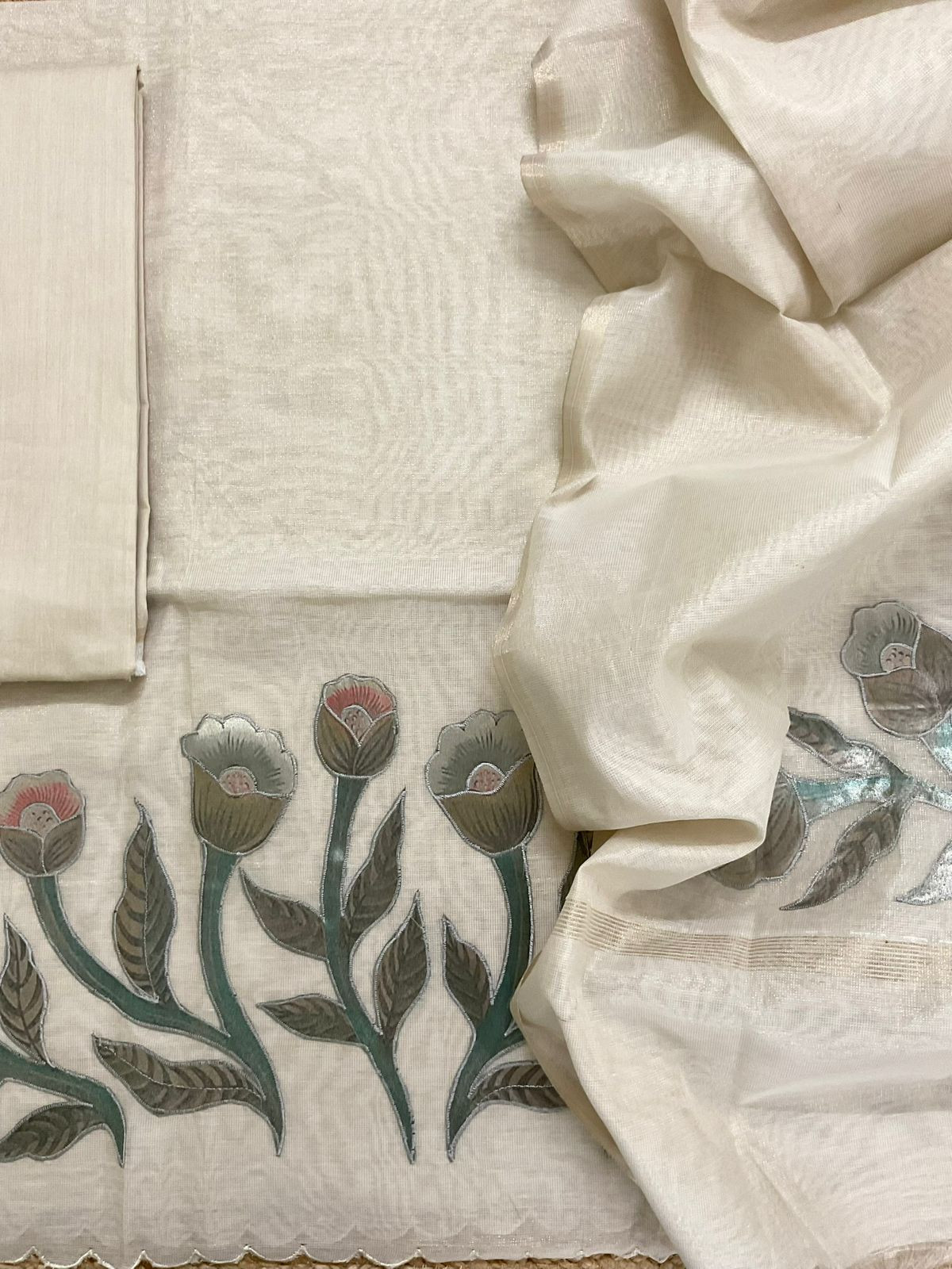 Soft Tissue Slub Cotton Embroidered Suit - Cream