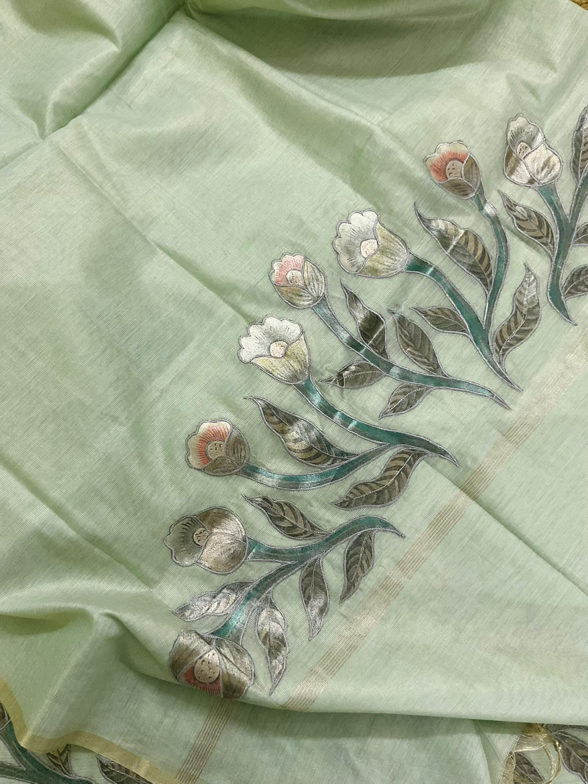 Soft Tissue Slub Cotton Embroidered Suit - Green