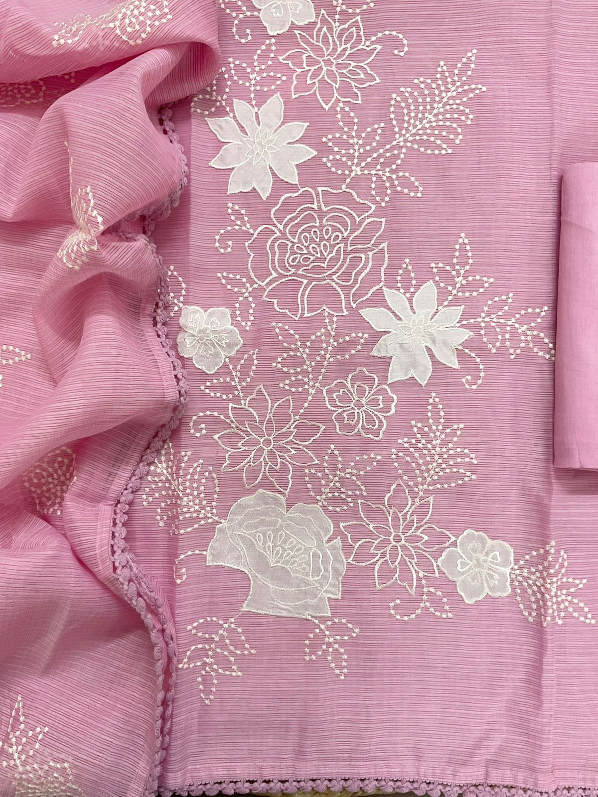 Soft Kota Silk Embroidered Suit - Pink