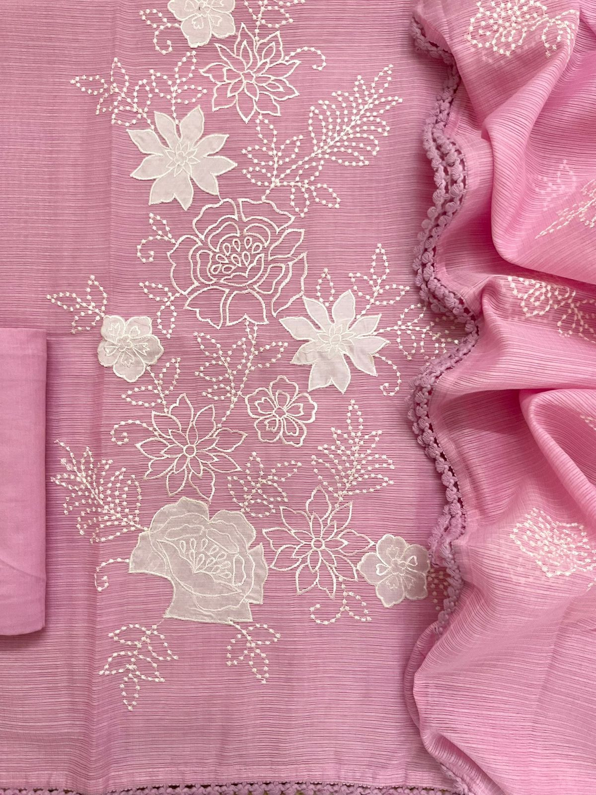 Soft Kota Silk Embroidered Suit - Pink