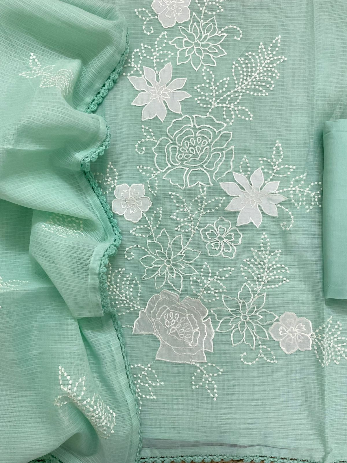 Soft Kota Silk Embroidered Suit - Sea Green