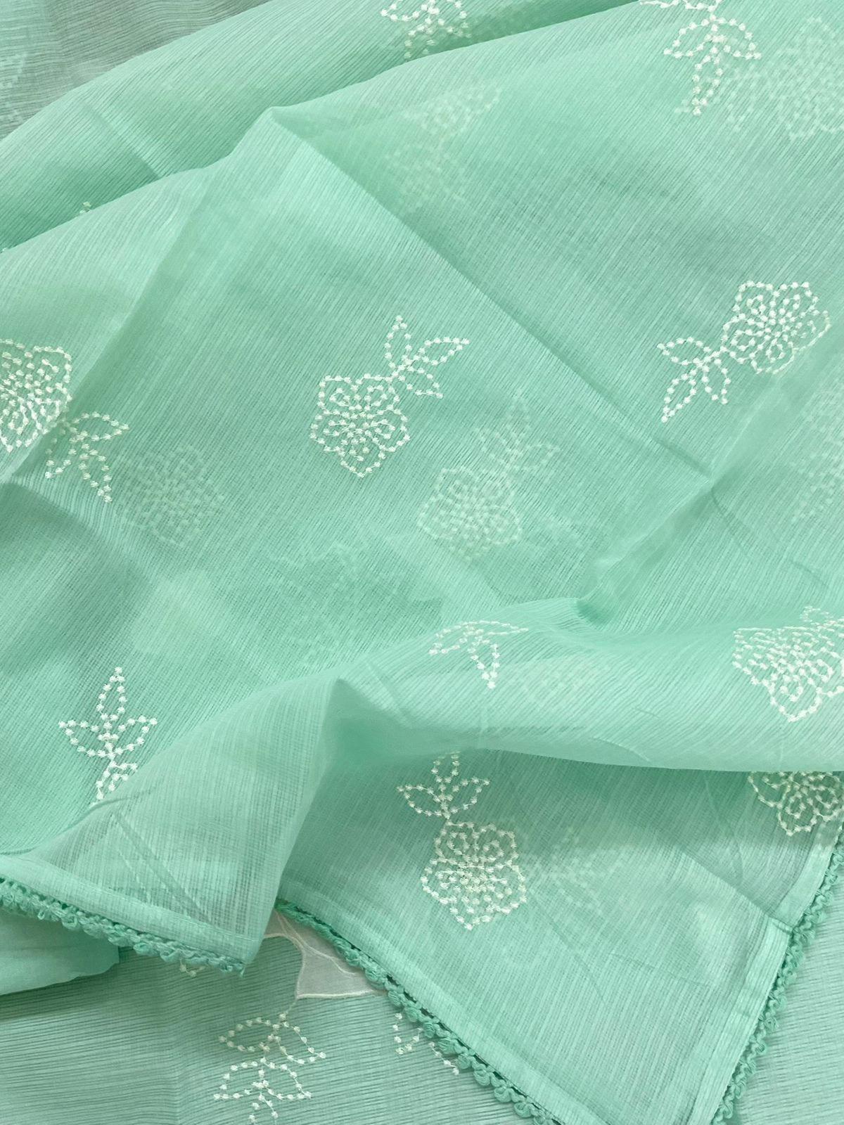 Soft Kota Silk Embroidered Suit - Sea Green