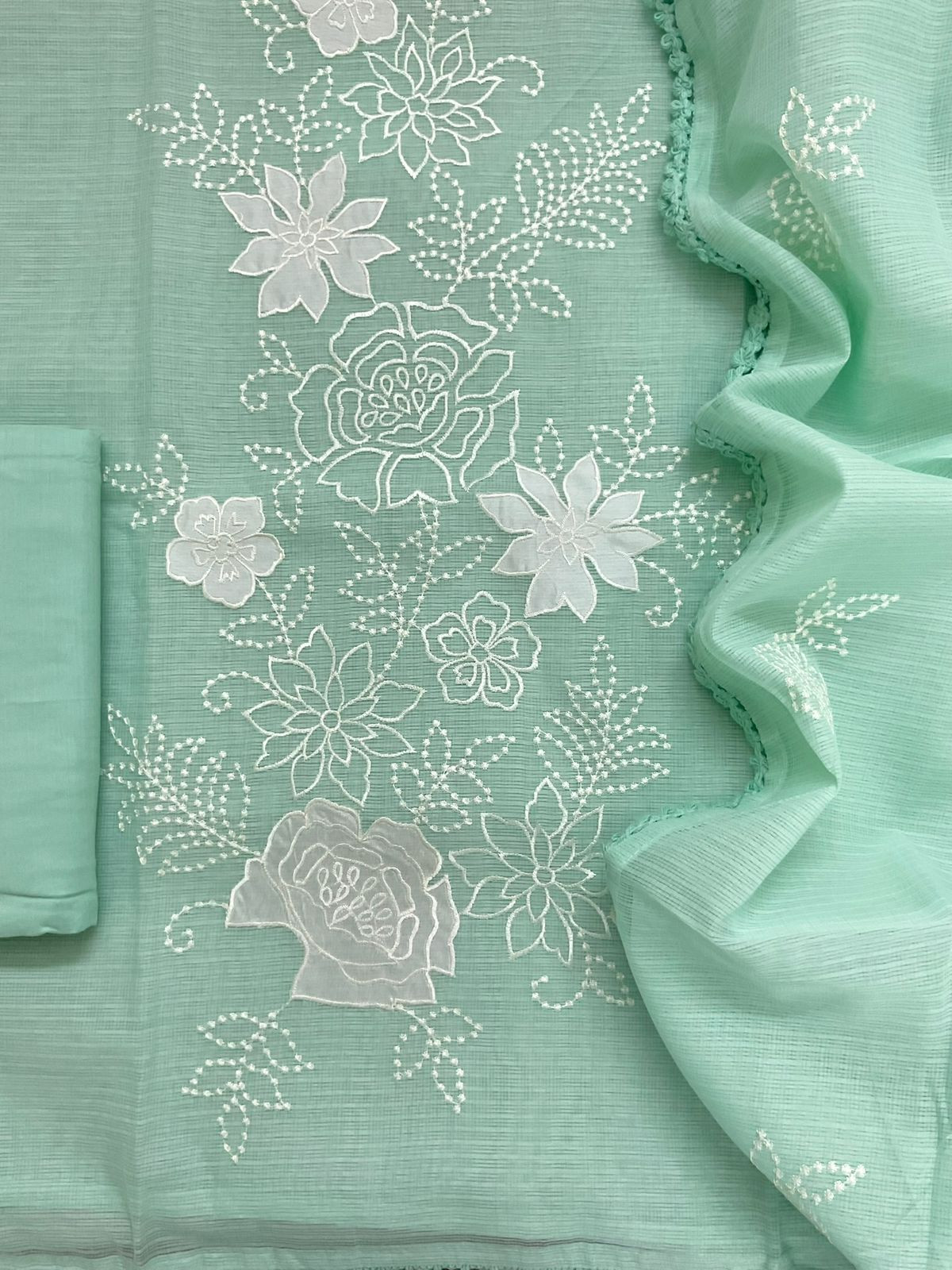 Soft Kota Silk Embroidered Suit - Sea Green