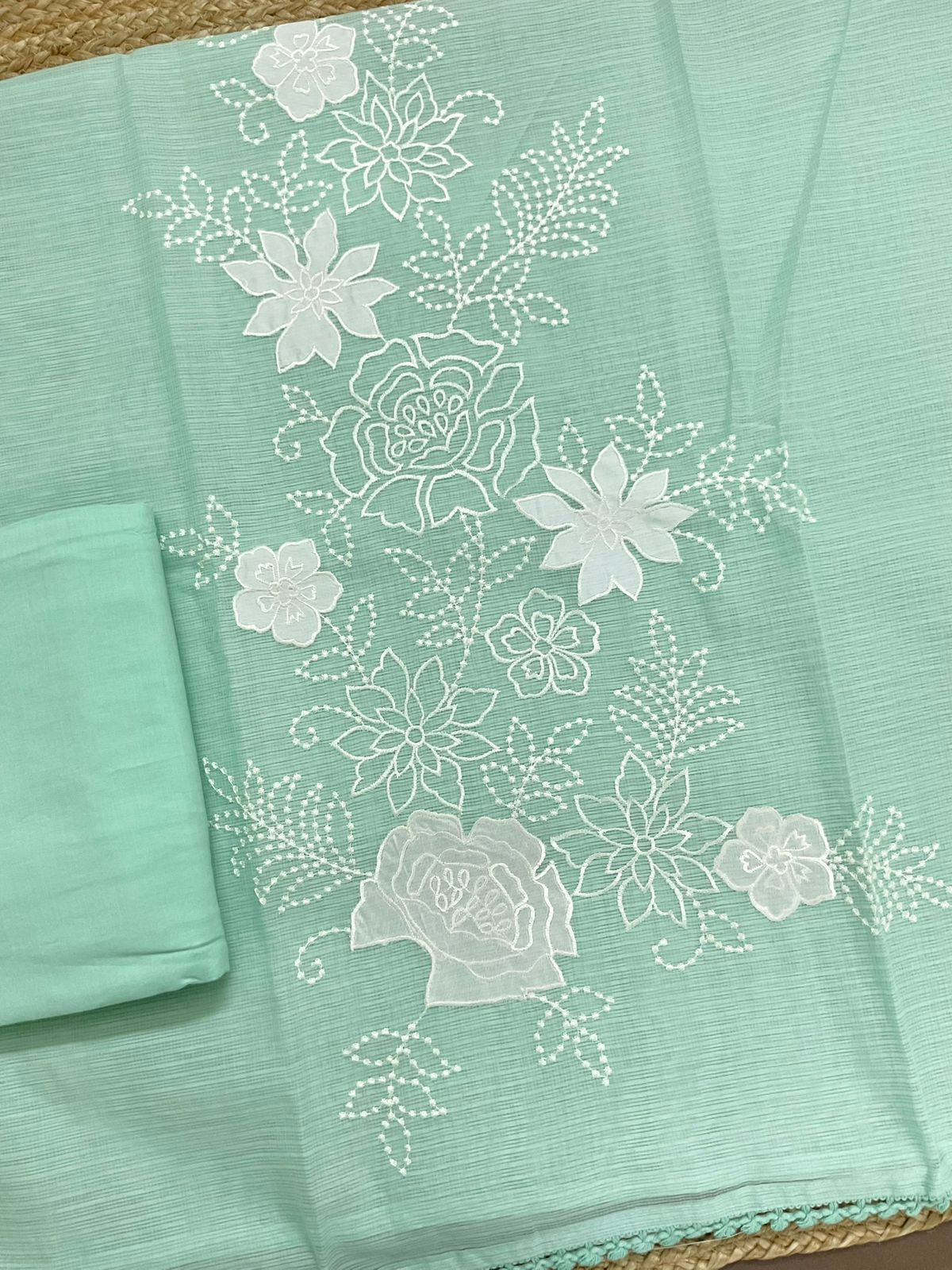 Soft Kota Silk Embroidered Suit - Sea Green