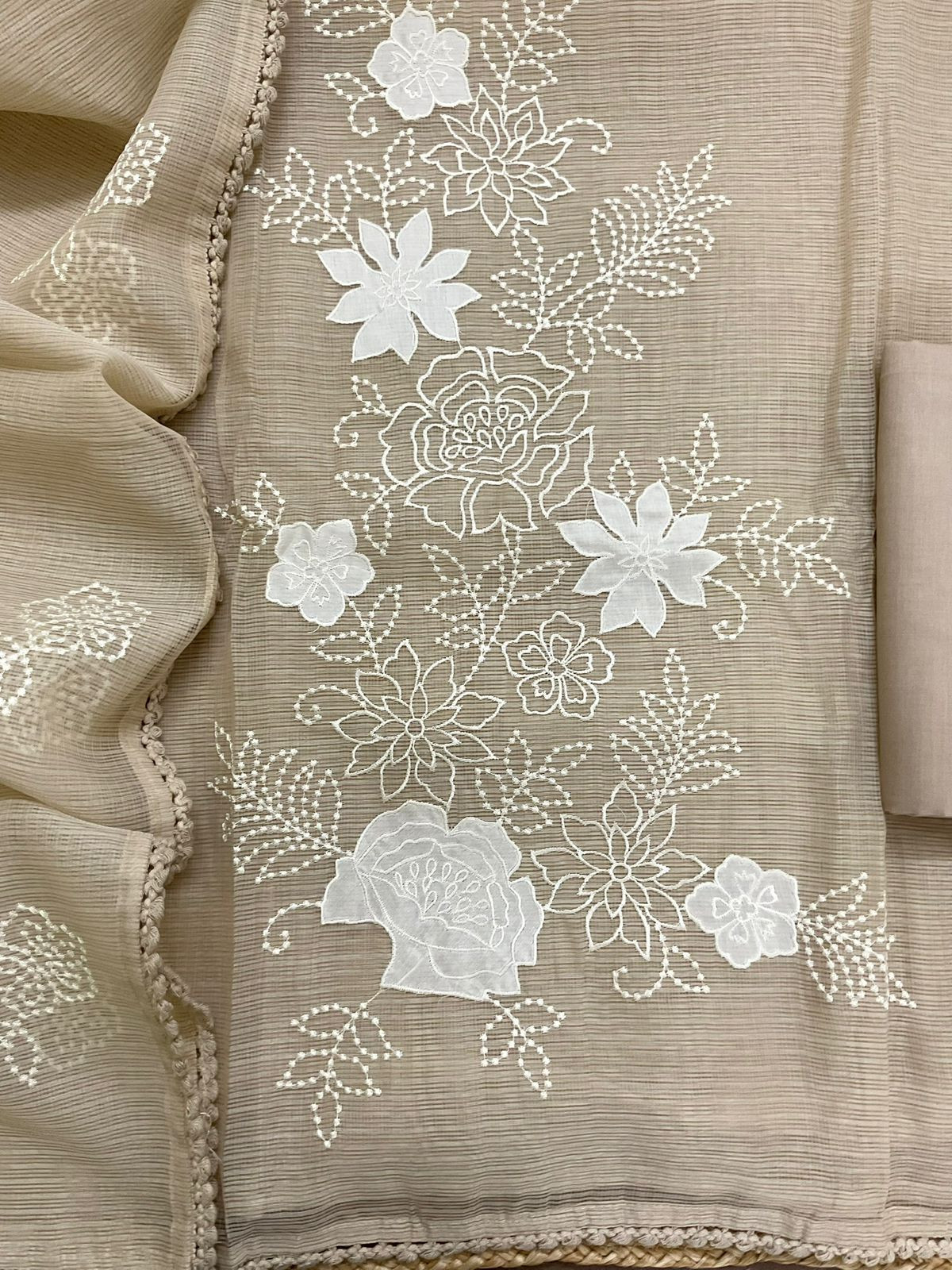 Soft Kota Silk Embroidered Suit - Beige