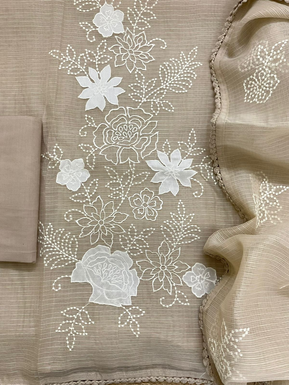Soft Kota Silk Embroidered Suit - Beige