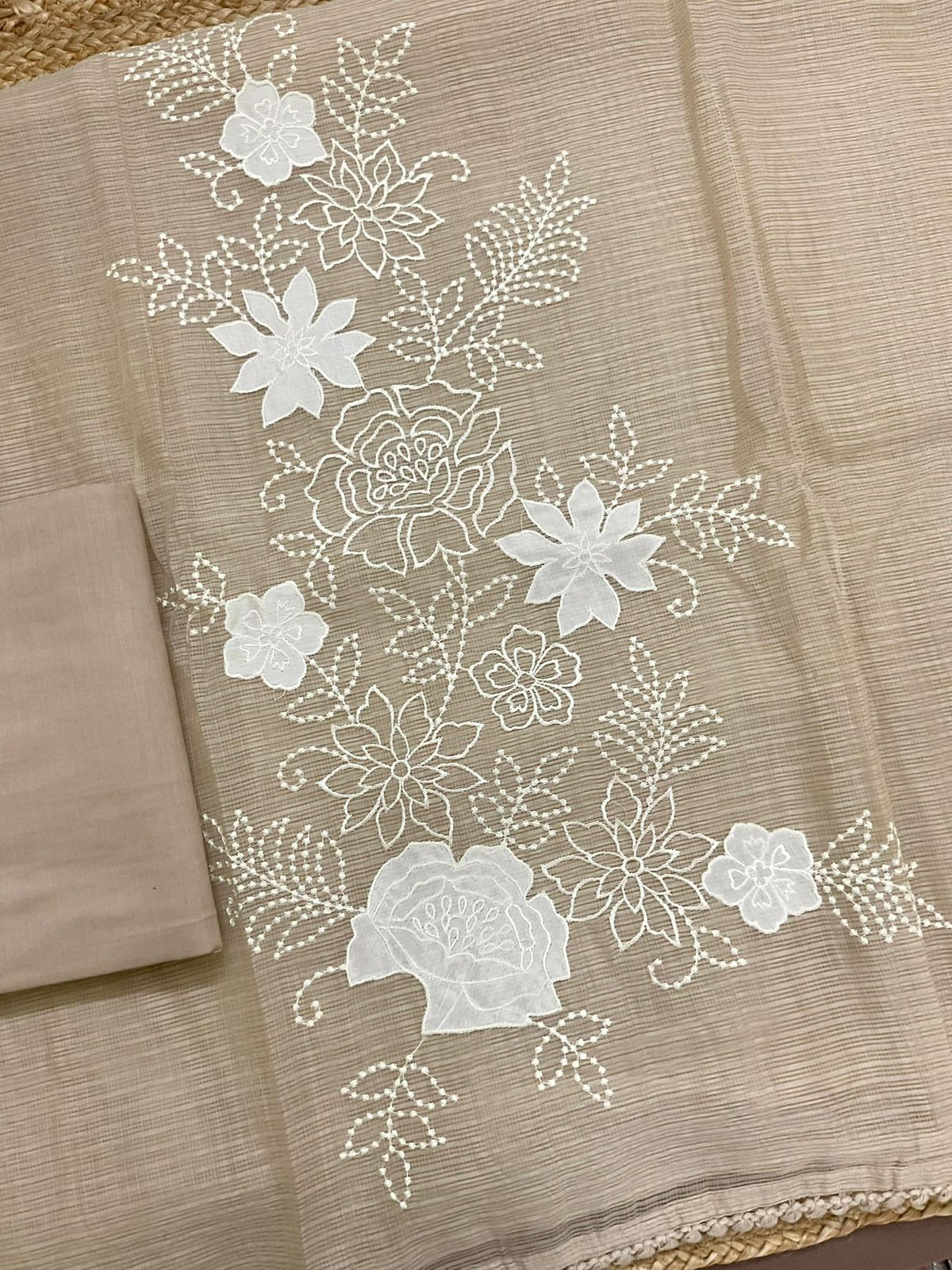 Soft Kota Silk Embroidered Suit - Beige