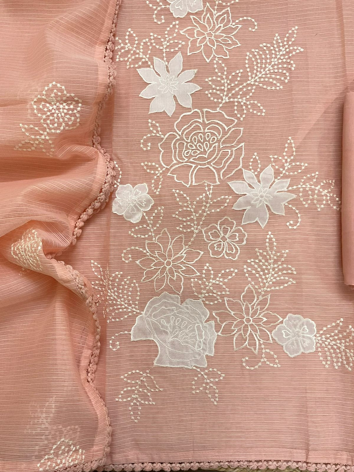 Soft Kota Silk Embroidered Suit - Peach