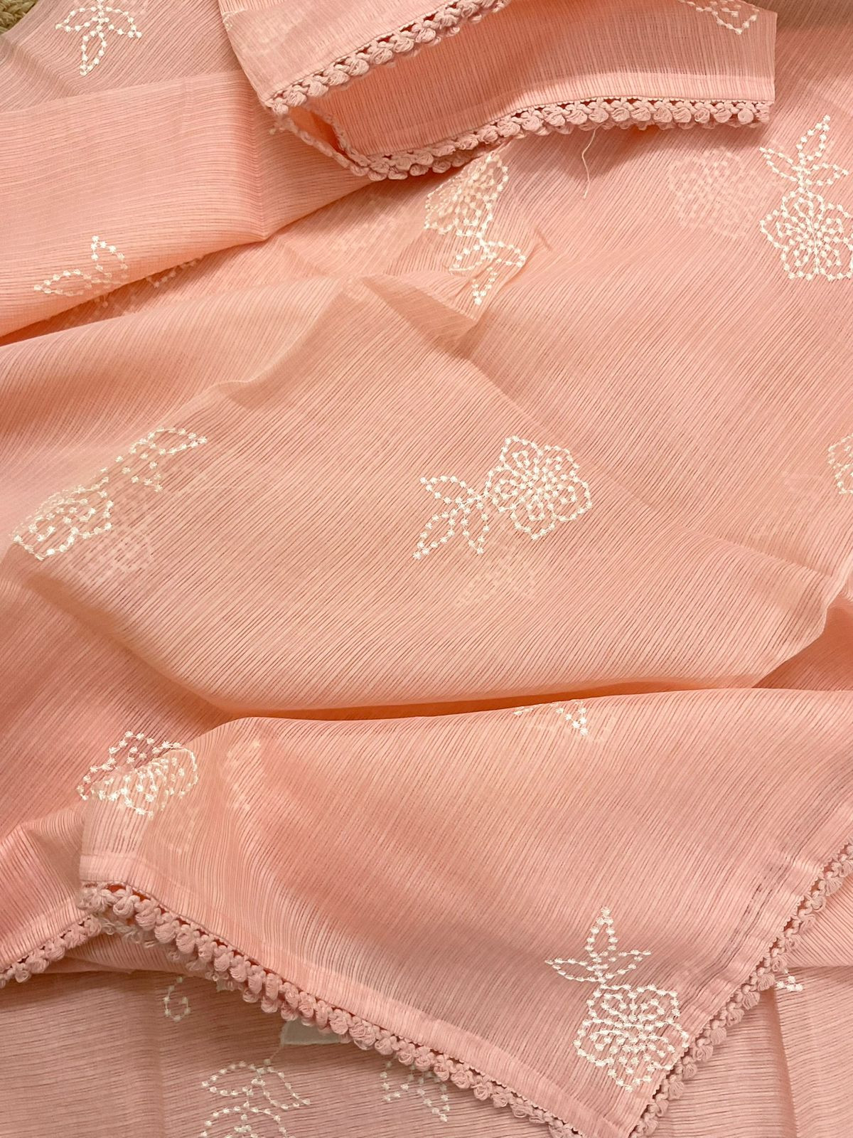 Soft Kota Silk Embroidered Suit - Peach