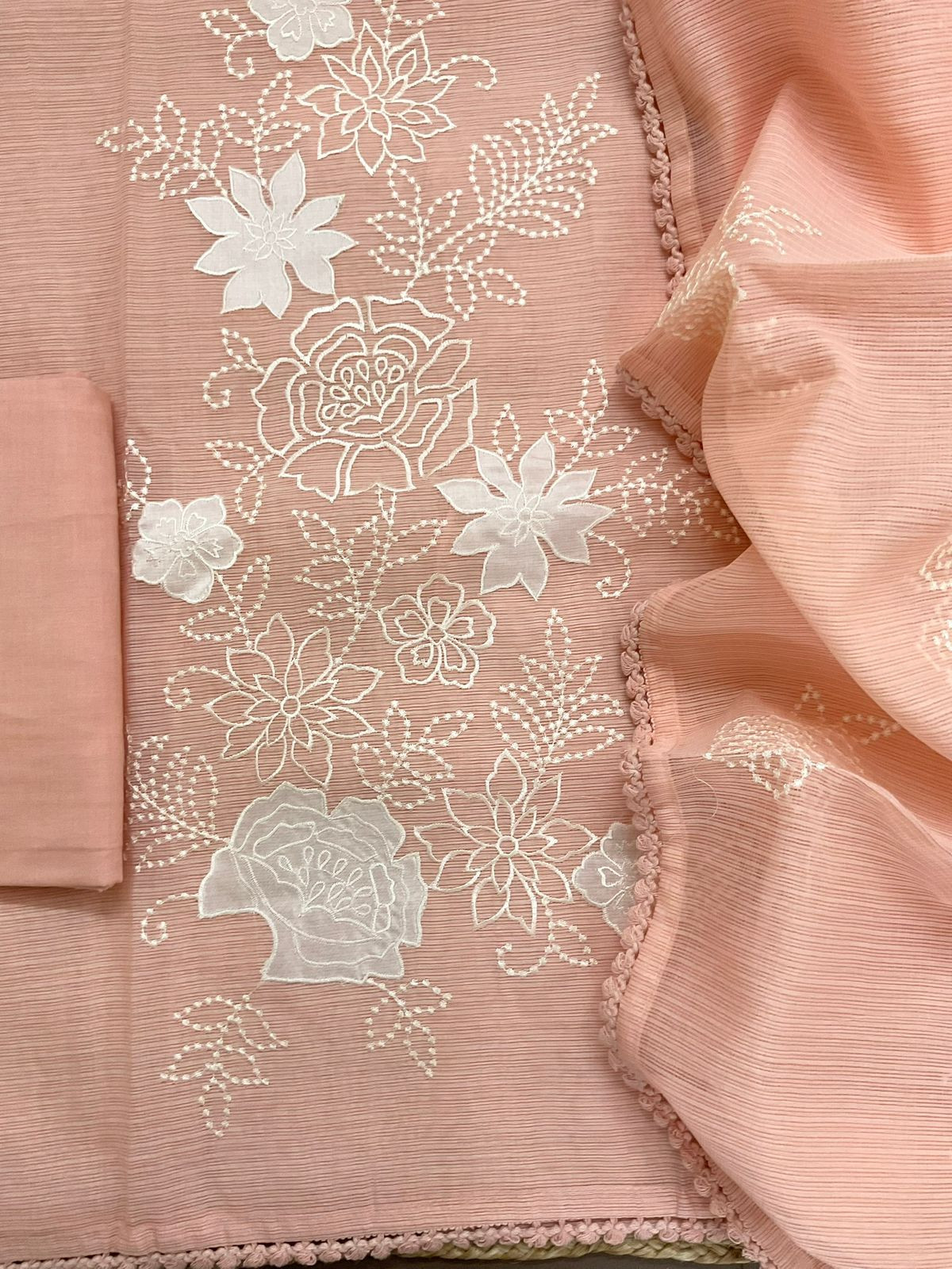 Soft Kota Silk Embroidered Suit - Peach