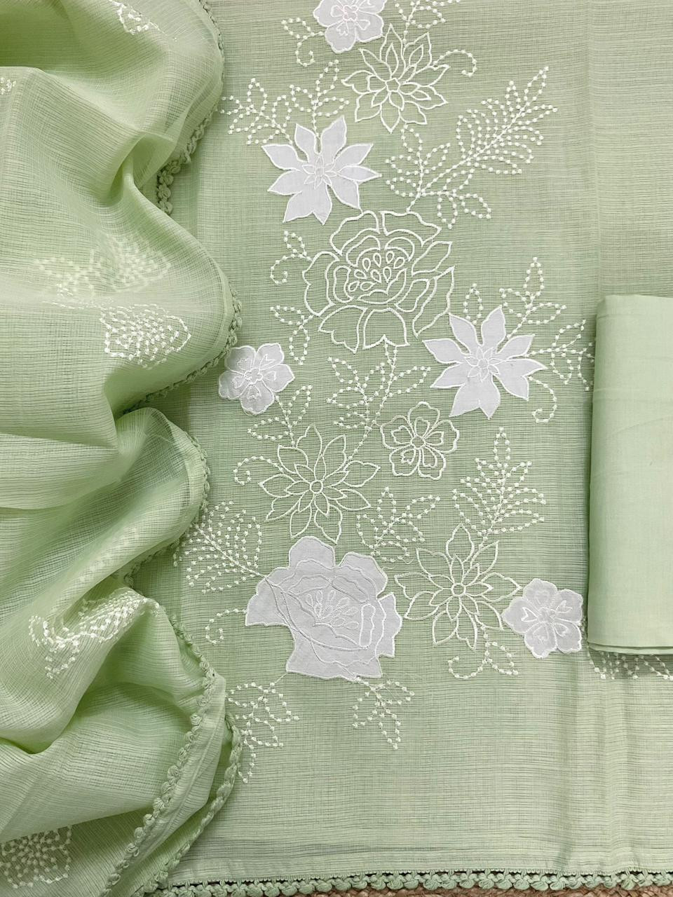 Soft Kota Silk Embroidered Suit - Green
