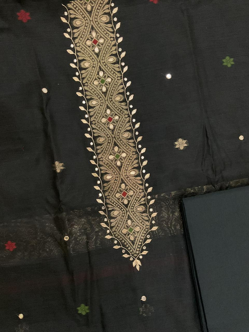 Soft Slub Chanderi Jamdani Weaved Embroidered Suit - Black