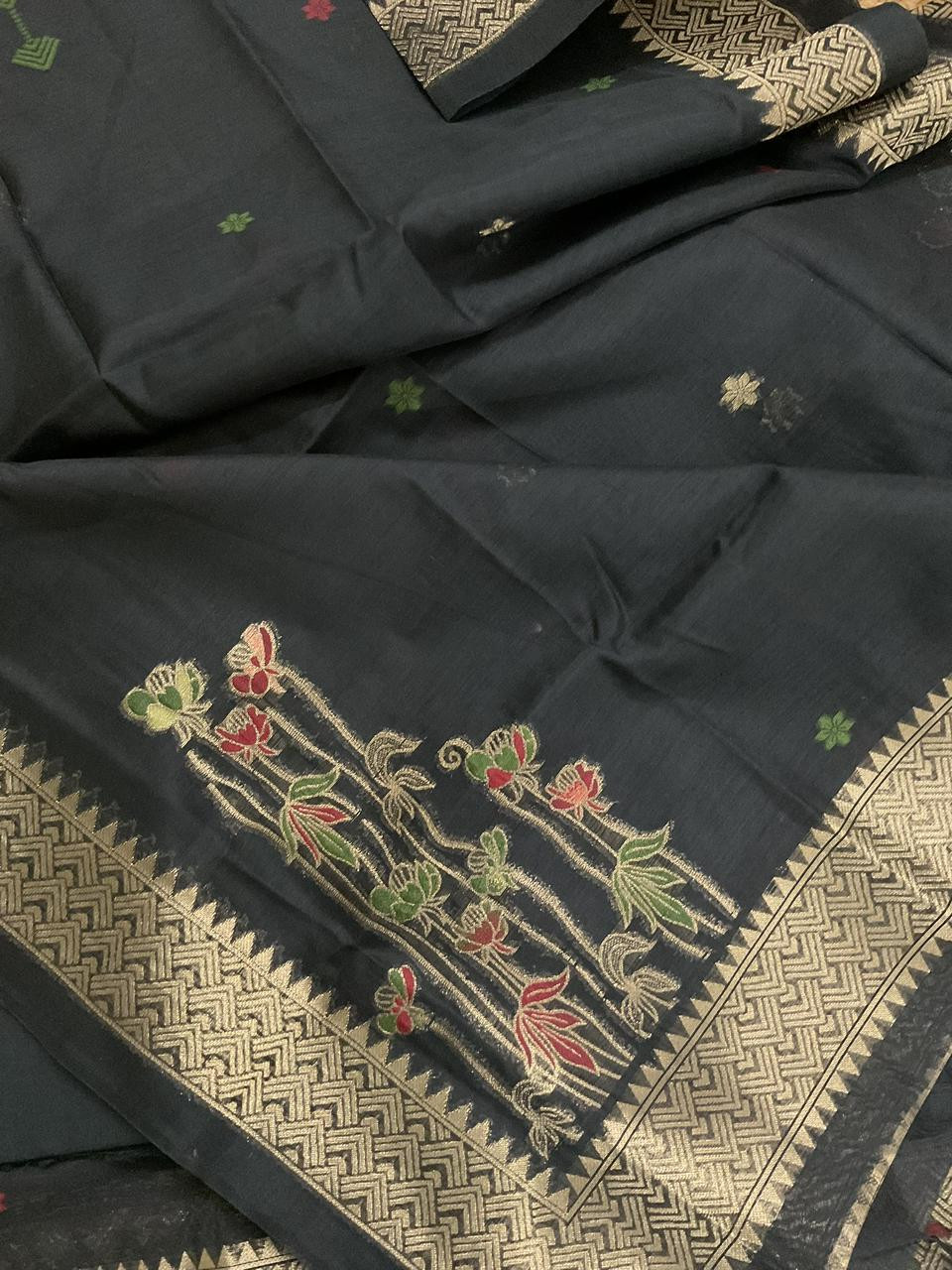 Soft Slub Chanderi Jamdani Weaved Embroidered Suit - Black