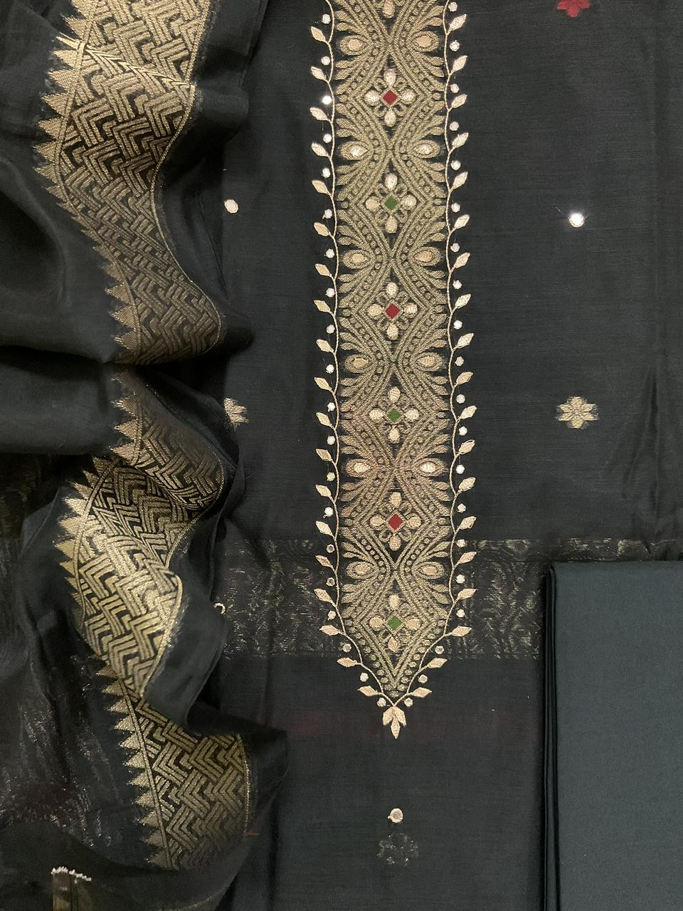 Soft Slub Chanderi Jamdani Weaved Embroidered Suit - Black