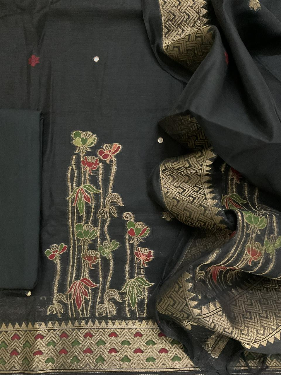 Soft Slub Chanderi Jamdani Weaved Embroidered Suit - Black