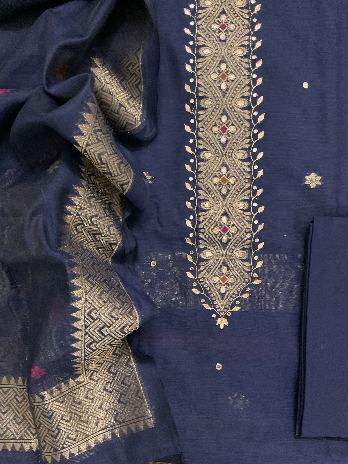 Soft Slub Chanderi Jamdani Weaved Embroidered Suit - Blue