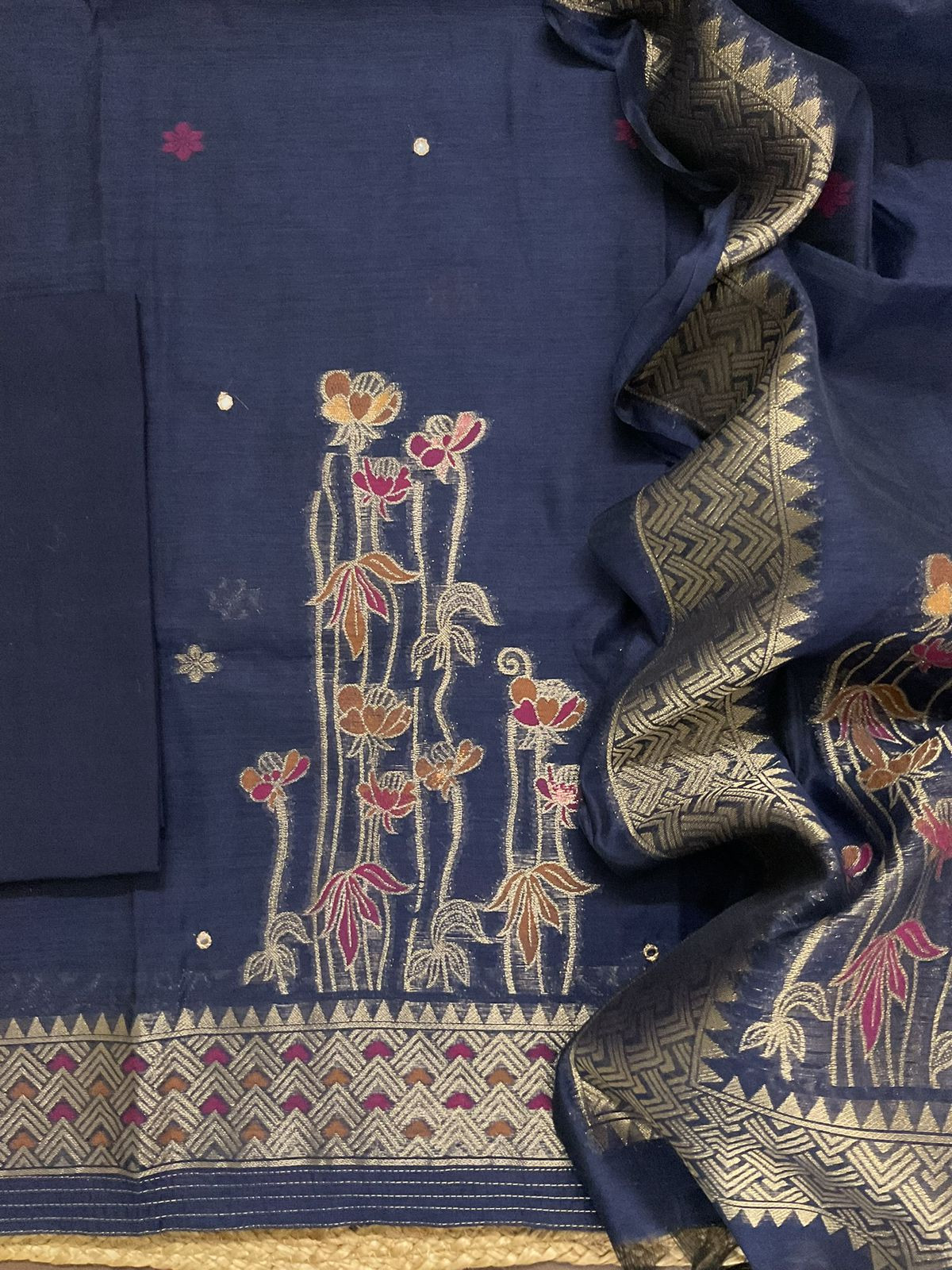 Soft Slub Chanderi Jamdani Weaved Embroidered Suit - Blue