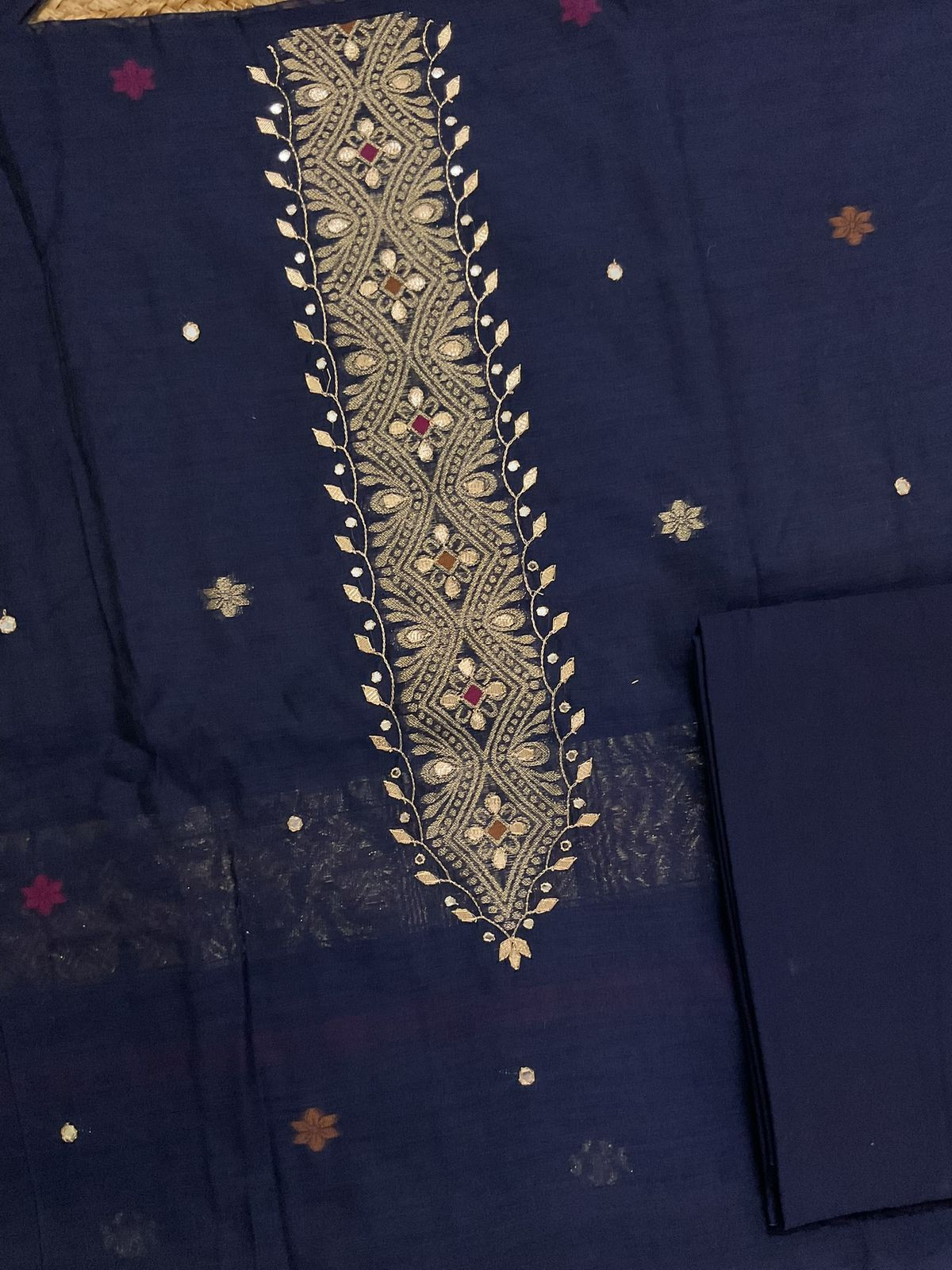 Soft Slub Chanderi Jamdani Weaved Embroidered Suit - Blue