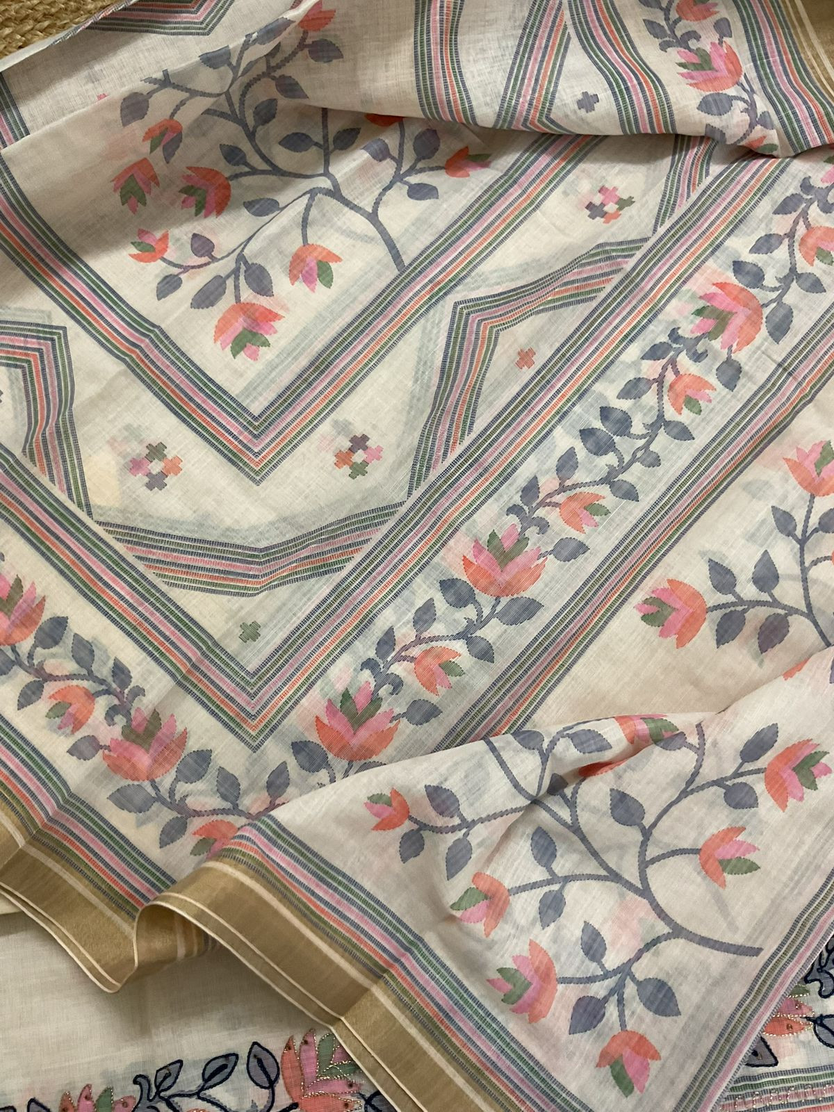 Soft Linen Jute Cotton Printed Embroidered Suit - Cream