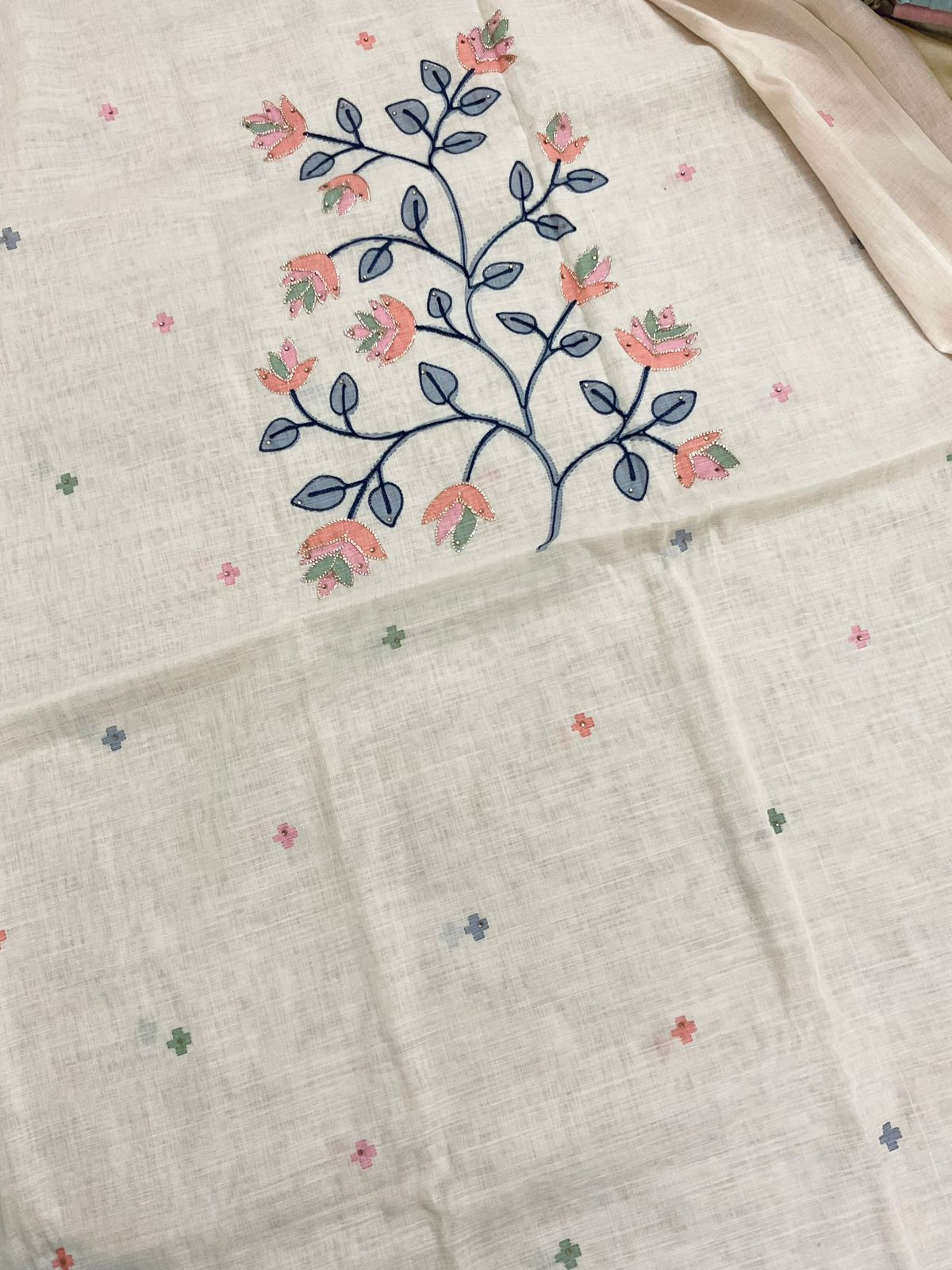 Soft Linen Jute Cotton Printed Embroidered Suit - Cream