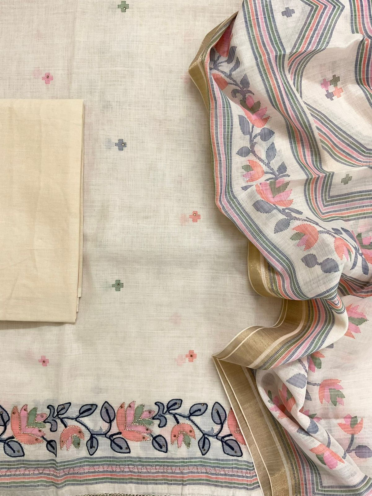 Soft Linen Jute Cotton Printed Embroidered Suit - Cream