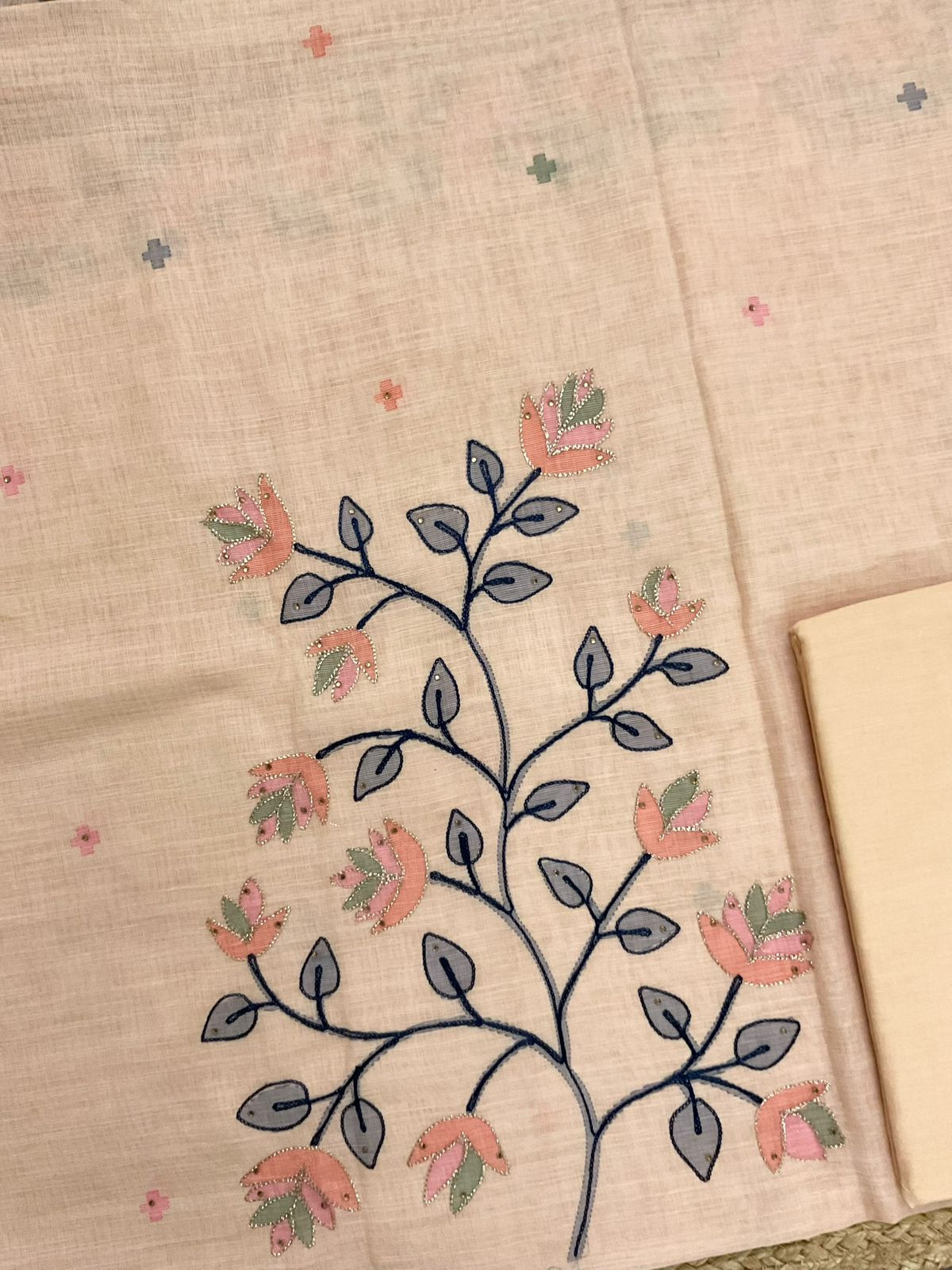 Soft Linen Jute Cotton Printed Embroidered Suit - Peach