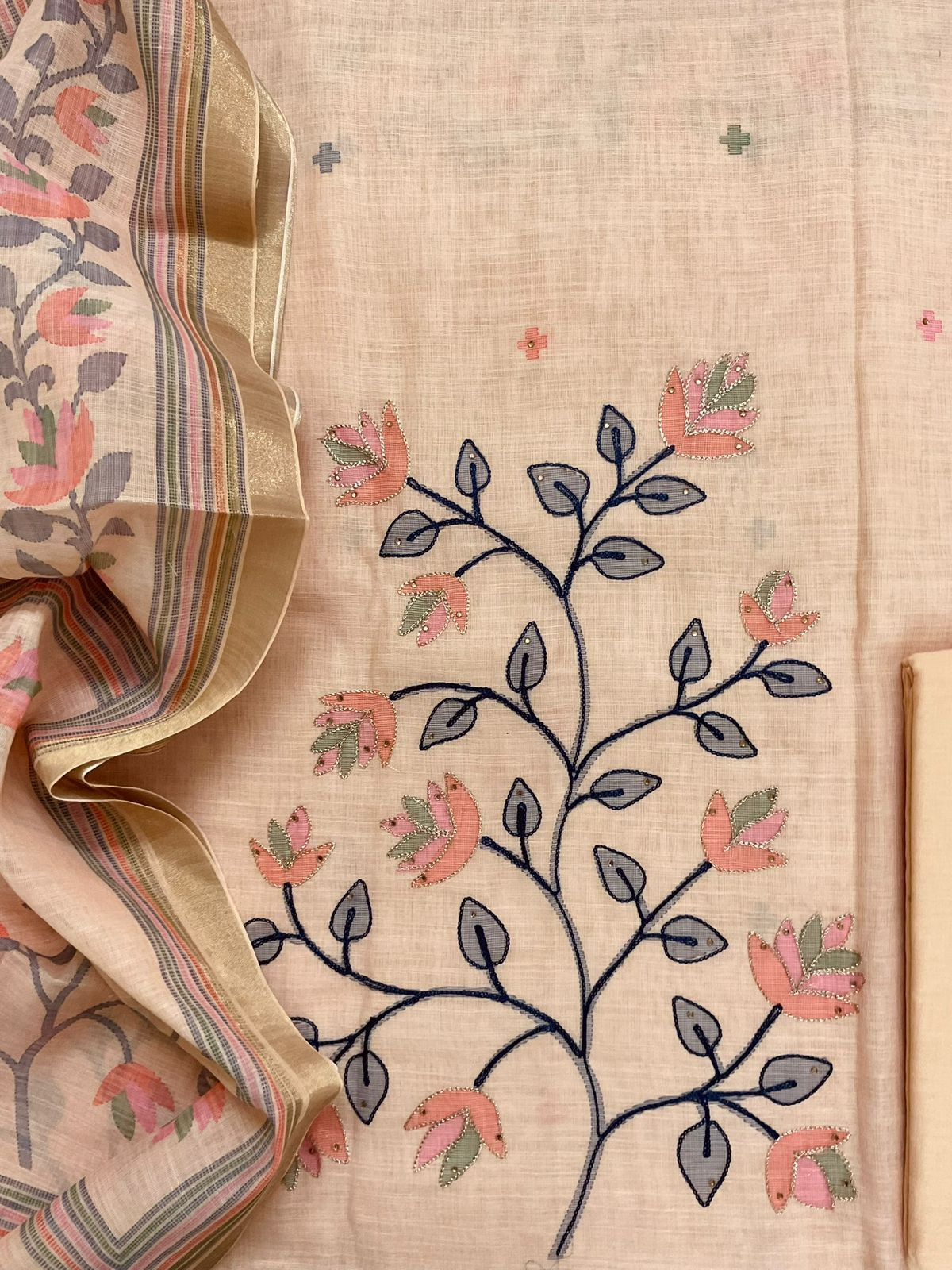 Soft Linen Jute Cotton Printed Embroidered Suit - Peach