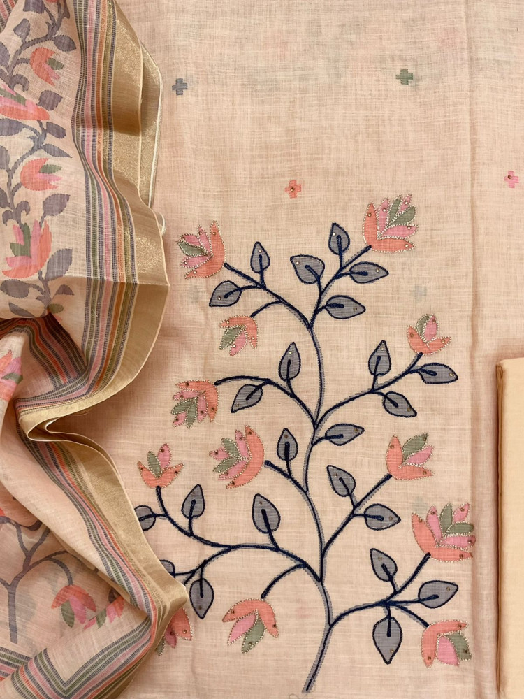 Image of Soft Linen Jute Cotton Printed Embroidered Suit - Peach