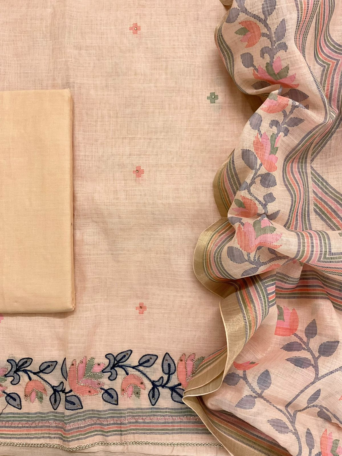 Soft Linen Jute Cotton Printed Embroidered Suit - Peach