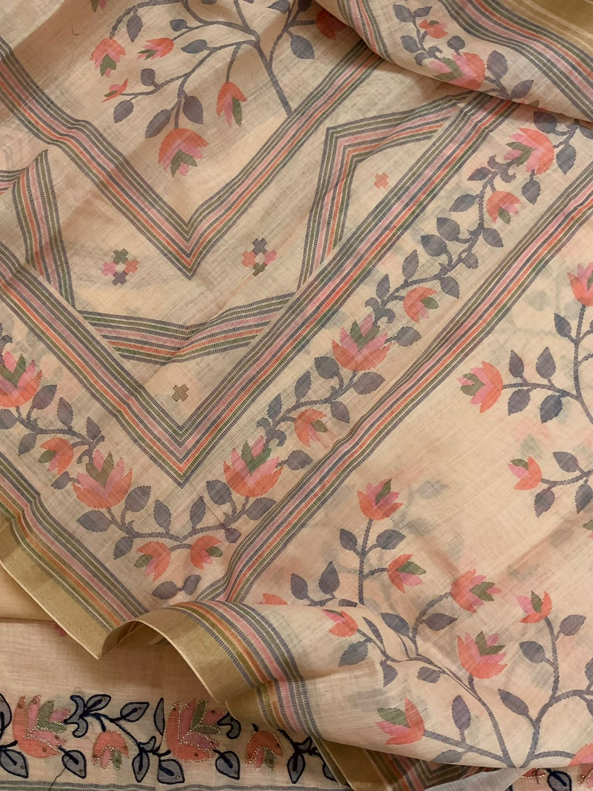 Soft Linen Jute Cotton Printed Embroidered Suit - Peach