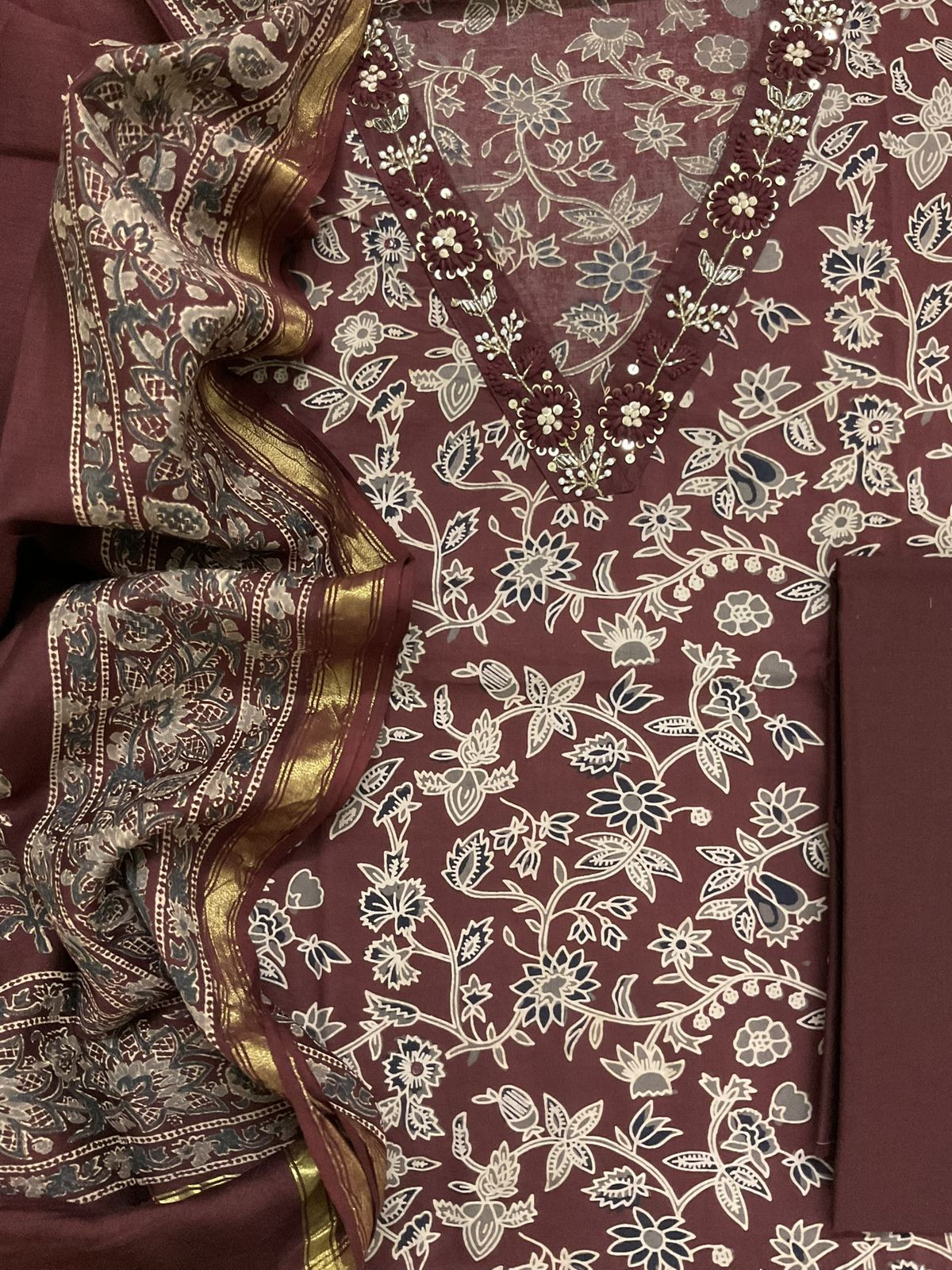 Pure Cotton Printed Embroidered Suit - Maroon