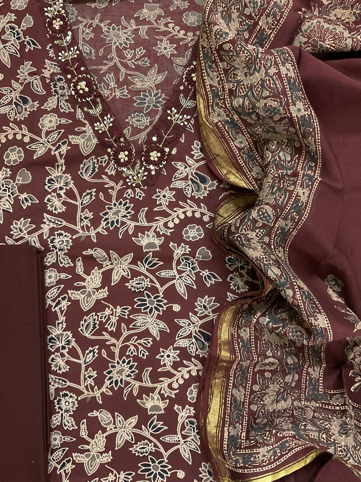 Pure Cotton Printed Embroidered Suit - Maroon