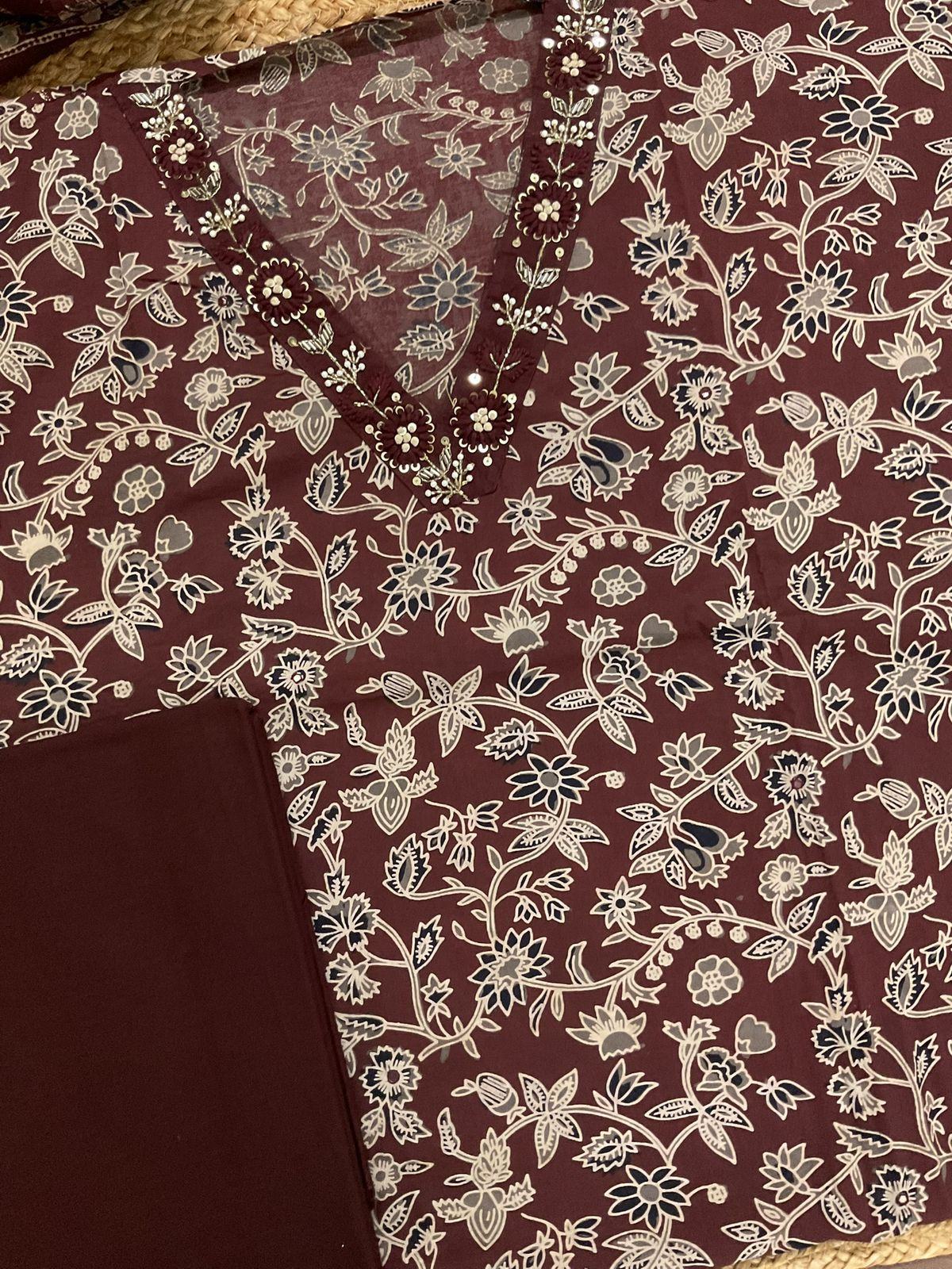 Pure Cotton Printed Embroidered Suit - Maroon
