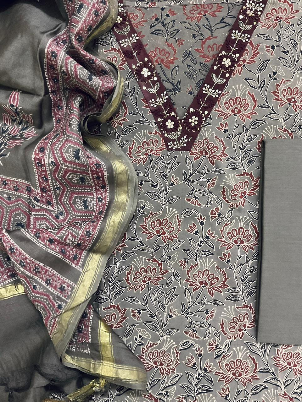 Pure Cotton Printed Embroidered Suit - Grey