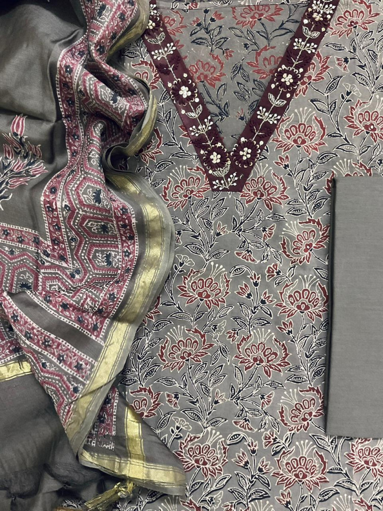 Image of Pure Cotton Printed Embroidered Suit - Grey