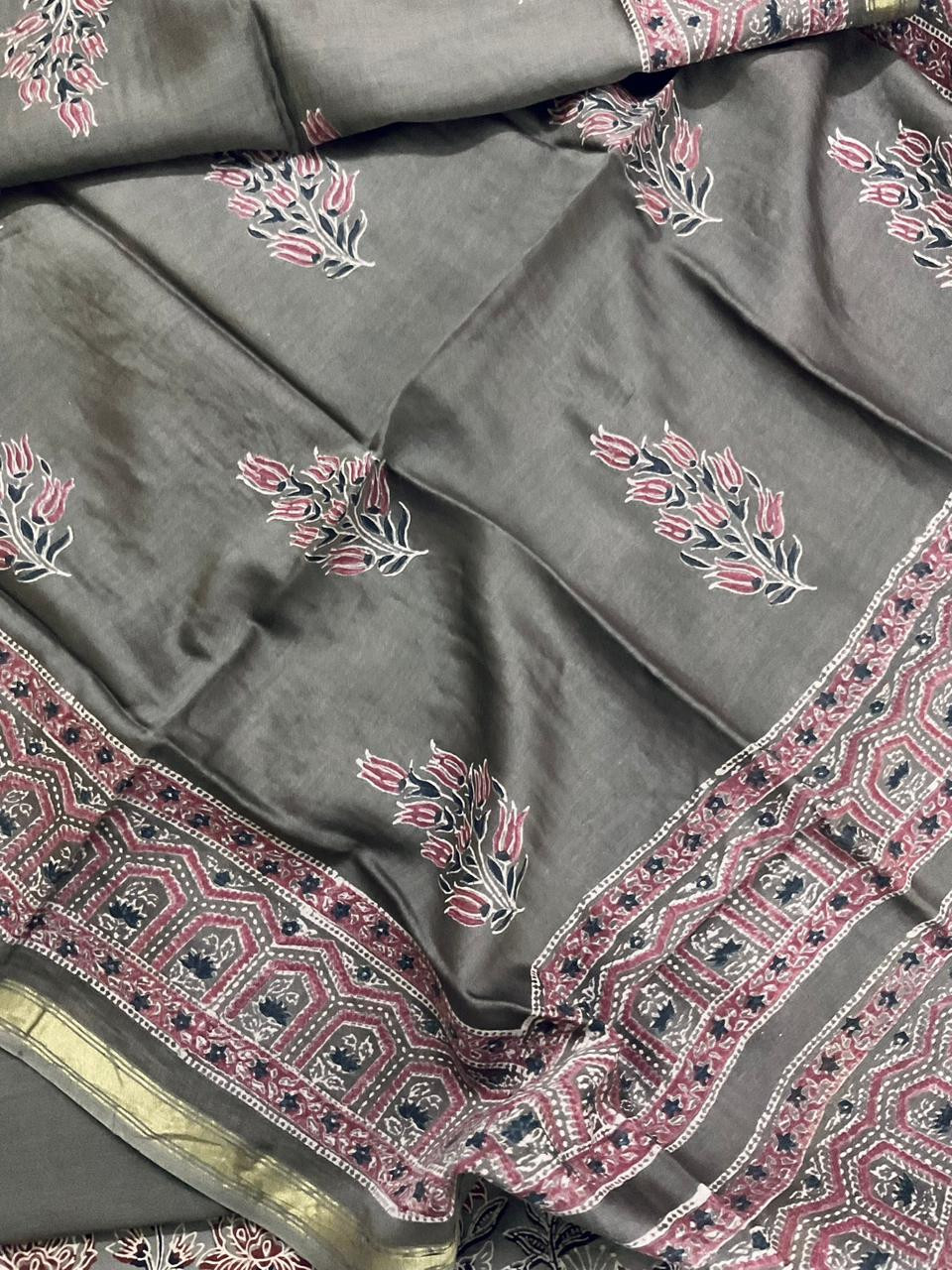 Pure Cotton Printed Embroidered Suit - Grey