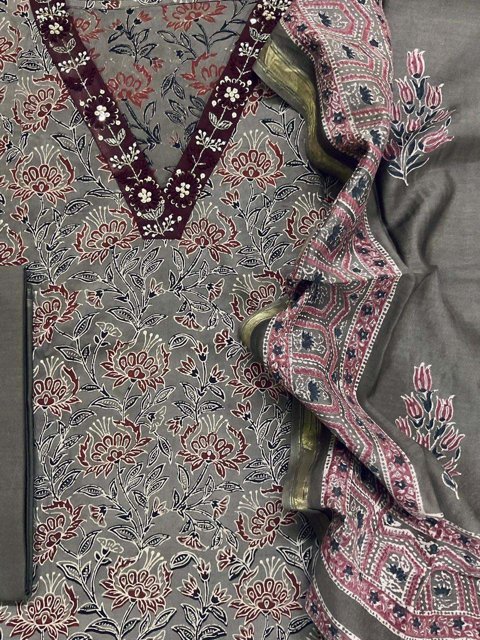 Pure Cotton Printed Embroidered Suit - Grey