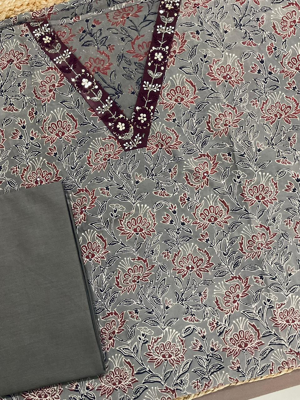 Pure Cotton Printed Embroidered Suit - Grey