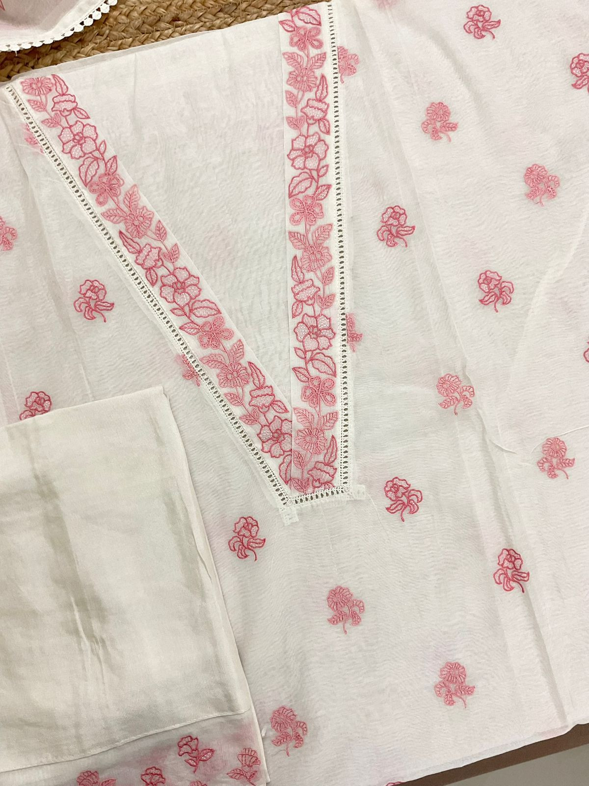 Pure Chanderi Embroidered Suit - Off White