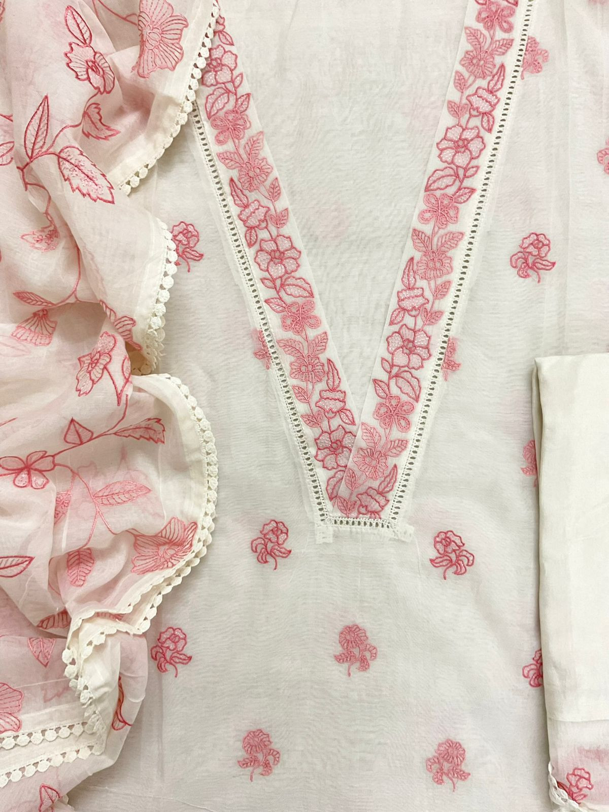 Pure Chanderi Embroidered Suit - Off White