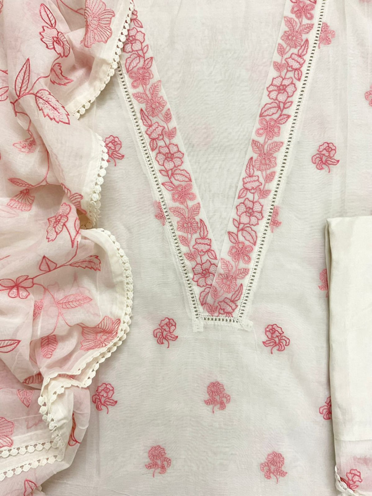 Image of Pure Chanderi Embroidered Suit - Off White