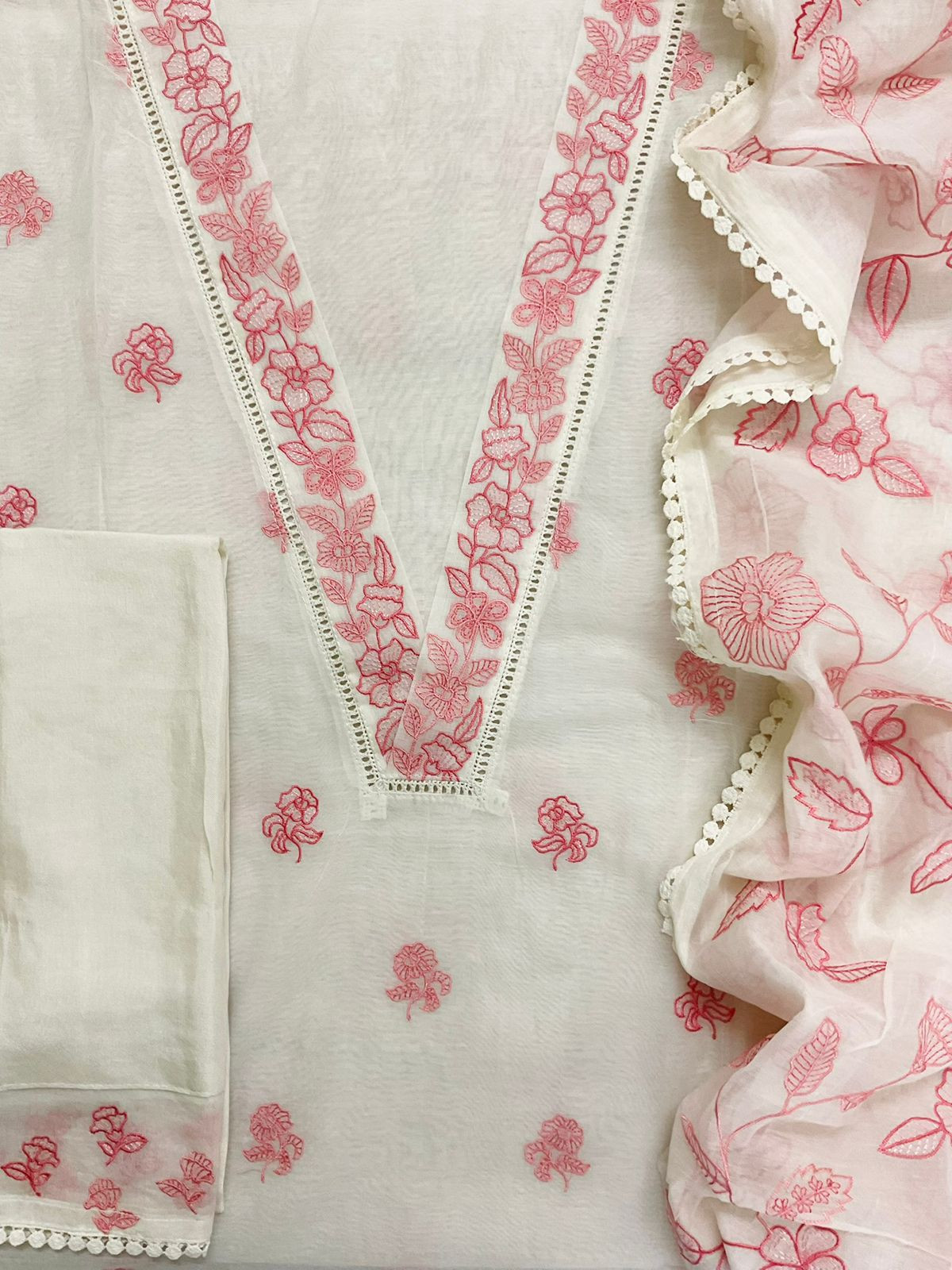 Pure Chanderi Embroidered Suit - Off White