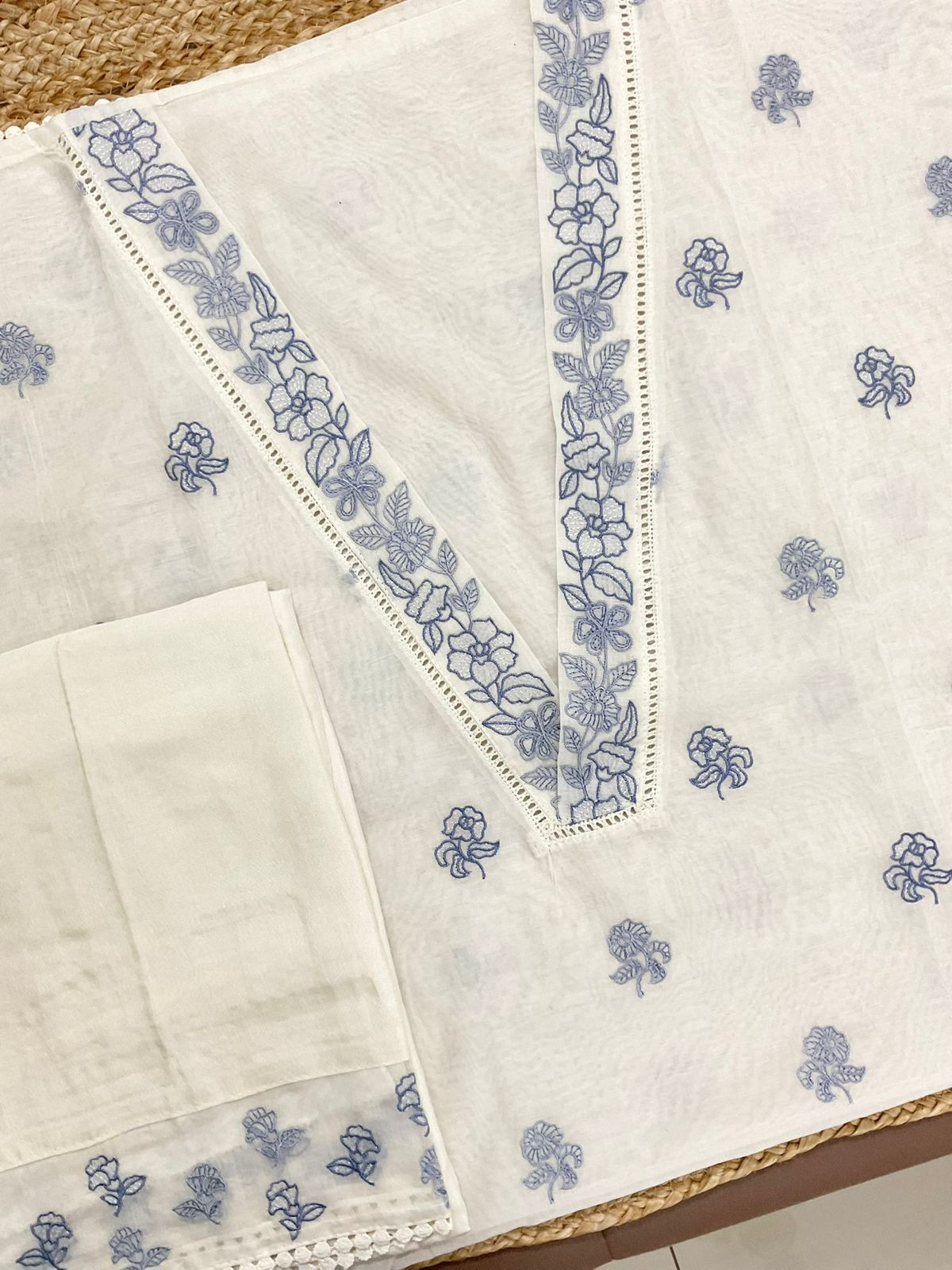 Pure Chanderi Embroidered Suit - Off White