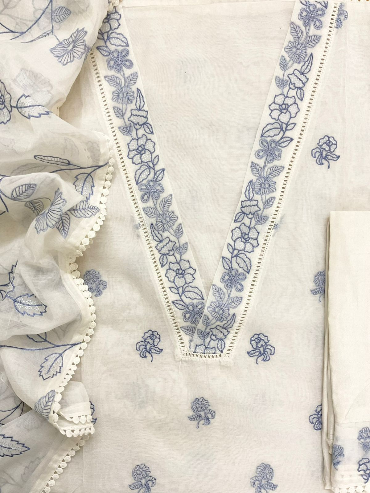 Pure Chanderi Embroidered Suit - Off White