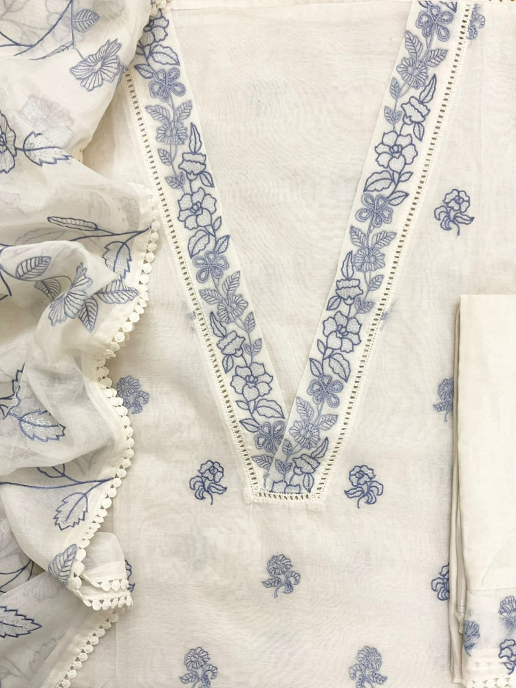 Image of Pure Chanderi Embroidered Suit - Off White