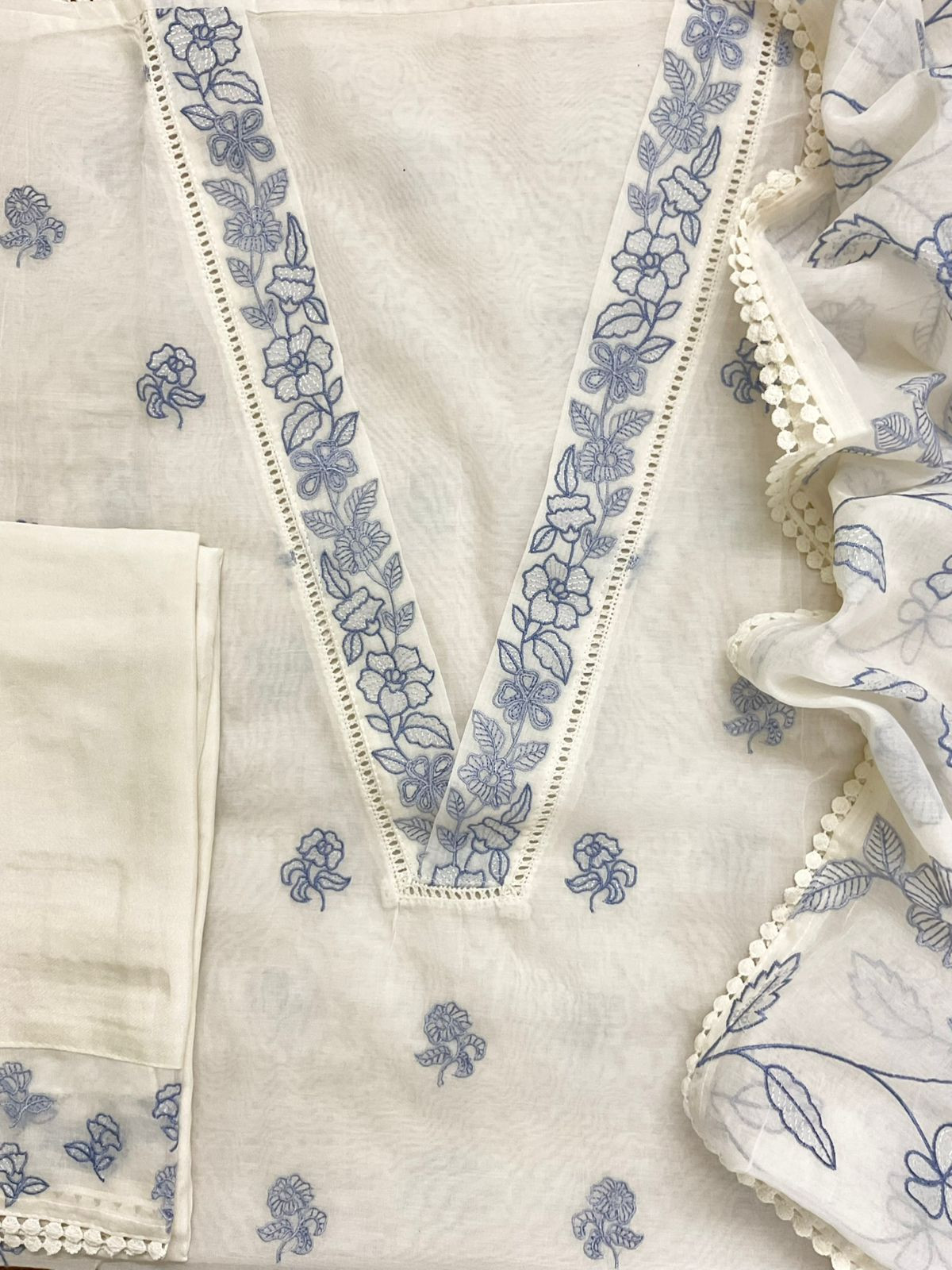 Pure Chanderi Embroidered Suit - Off White