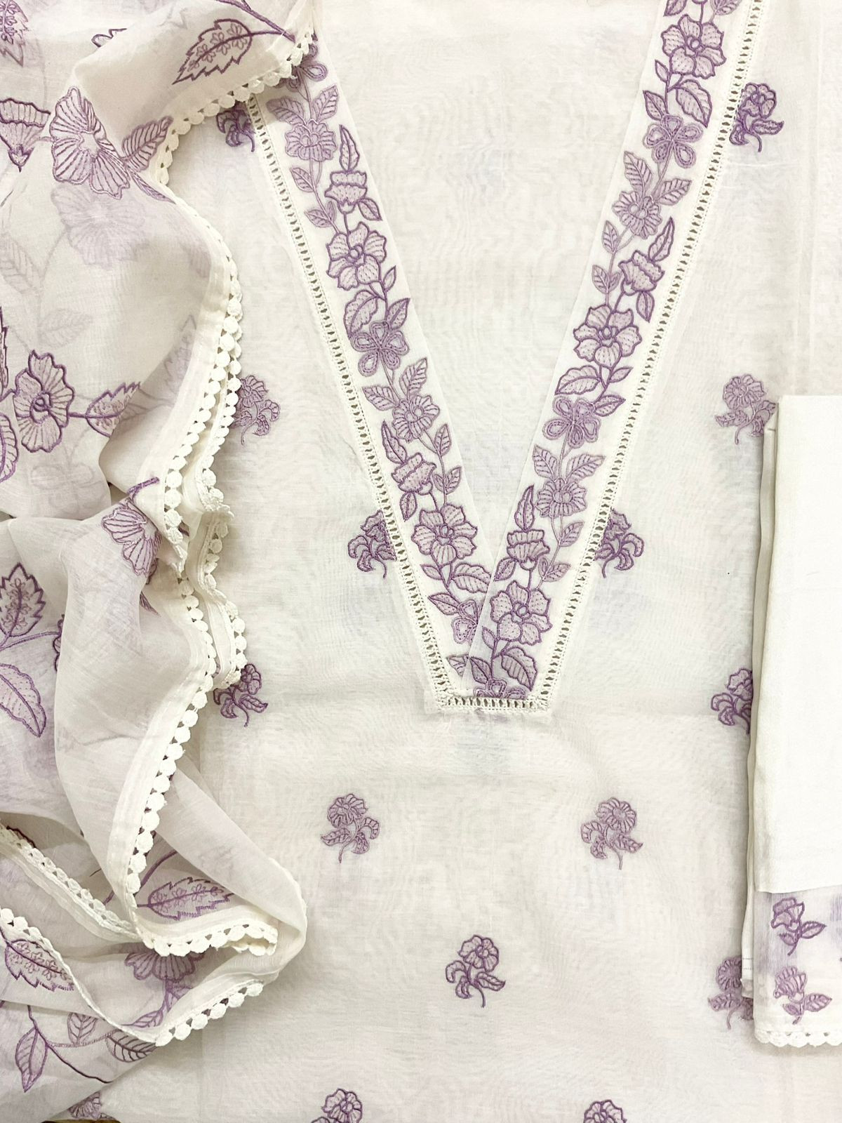 Pure Chanderi Embroidered Suit - Off White