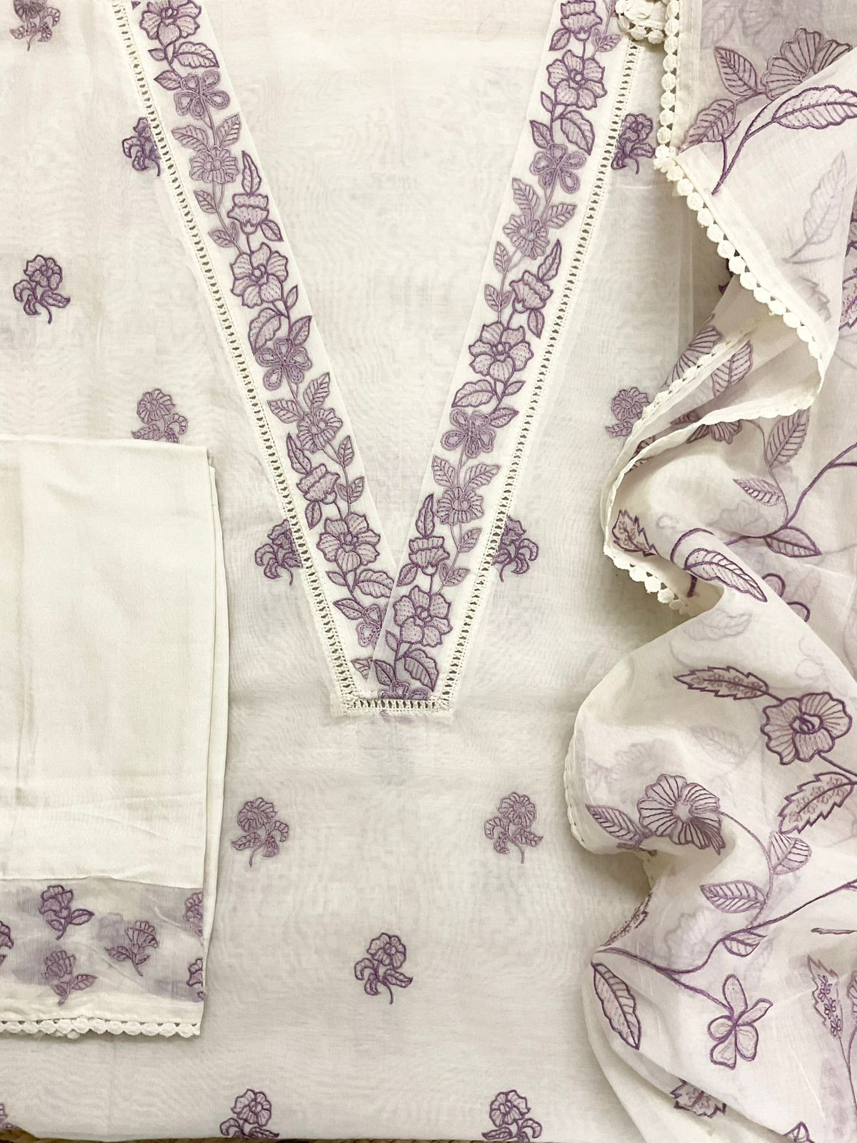 Pure Chanderi Embroidered Suit - Off White