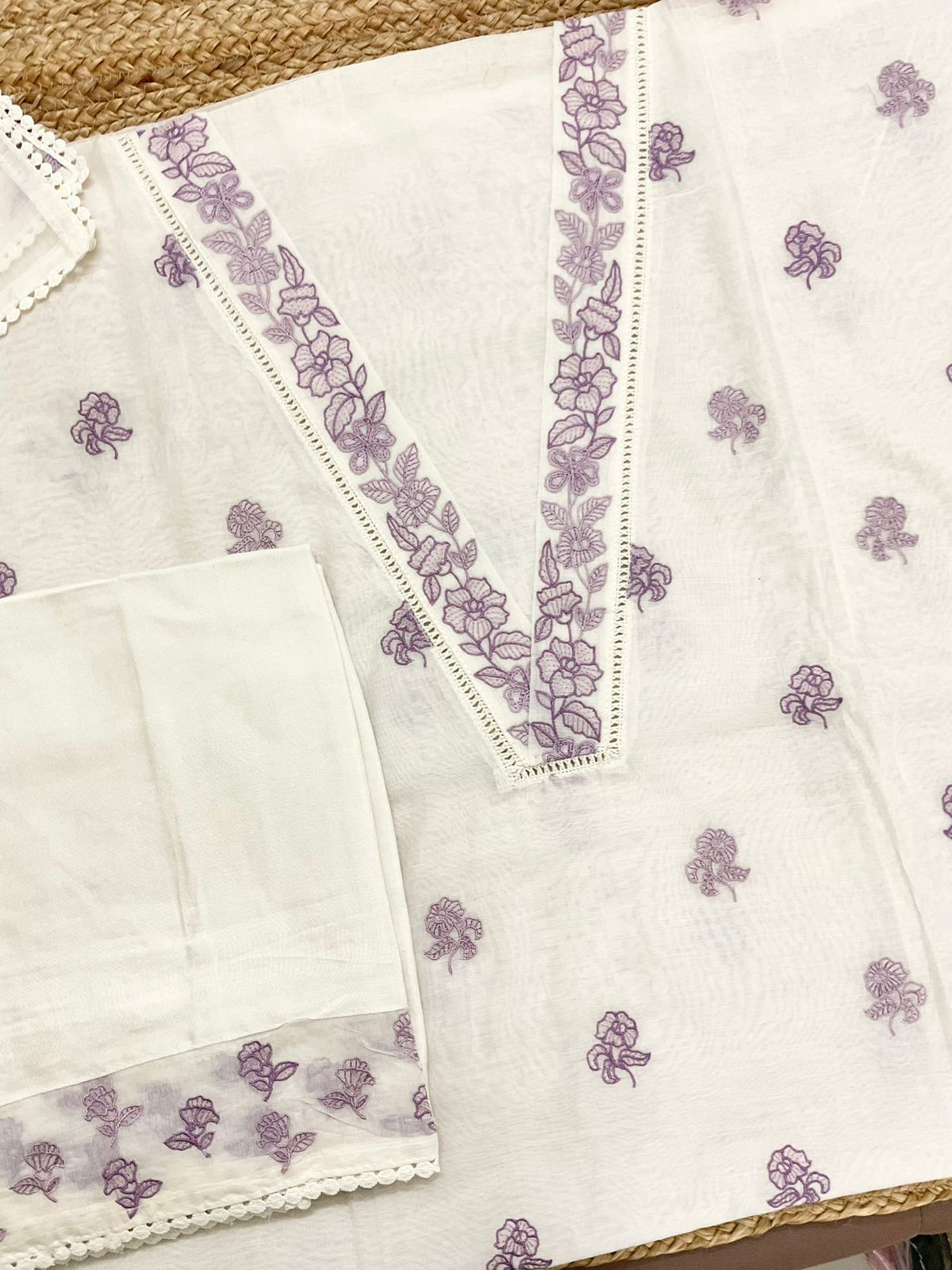 Pure Chanderi Embroidered Suit - Off White