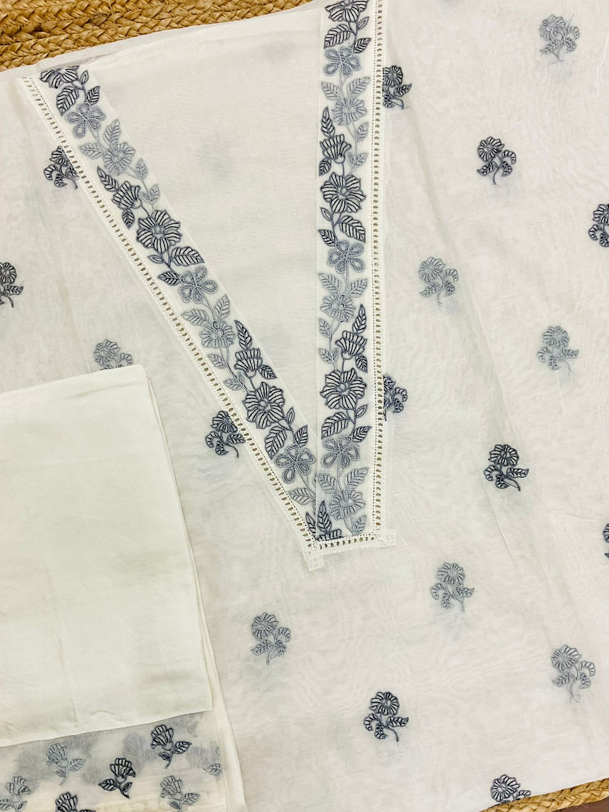 Pure Chanderi Embroidered Suit - Off White